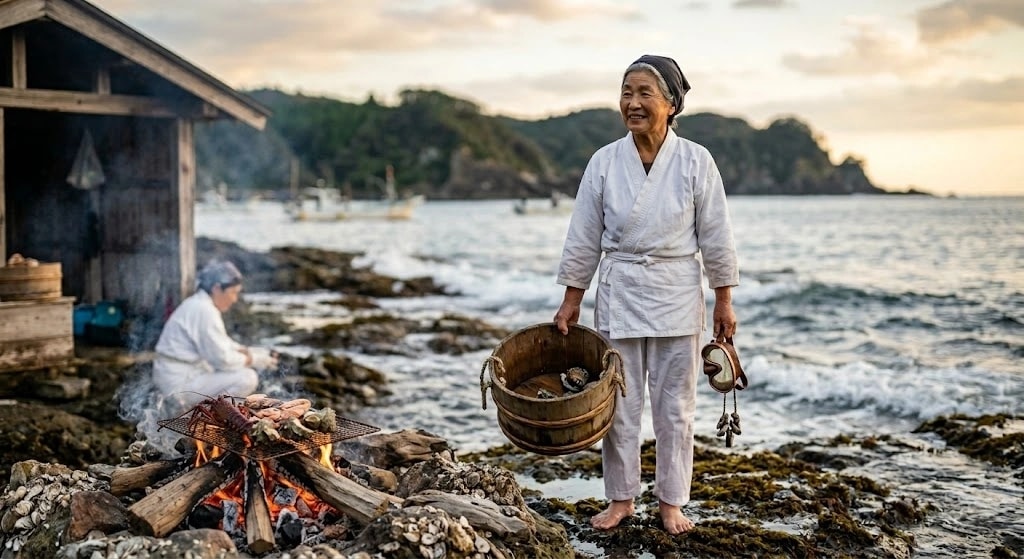 Older Asian woman in a white robe on a rocky shoreline holding a wooden bucket and sandals, with a seaside fire and boat harbor in the background.