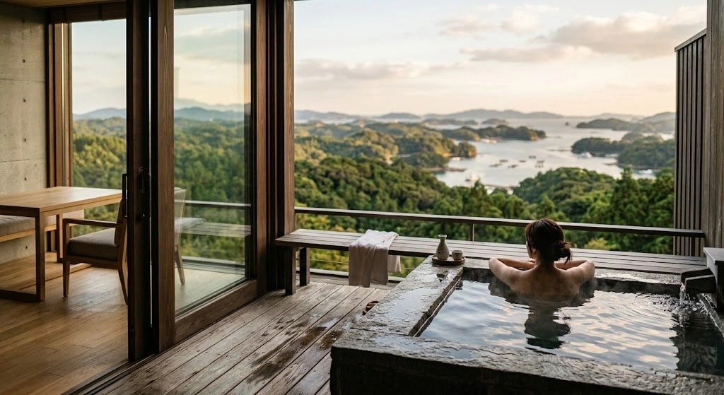 Person relaxing in an outdoor wooden hot tub on a deck, gazing at a bay of islands and water beyond.