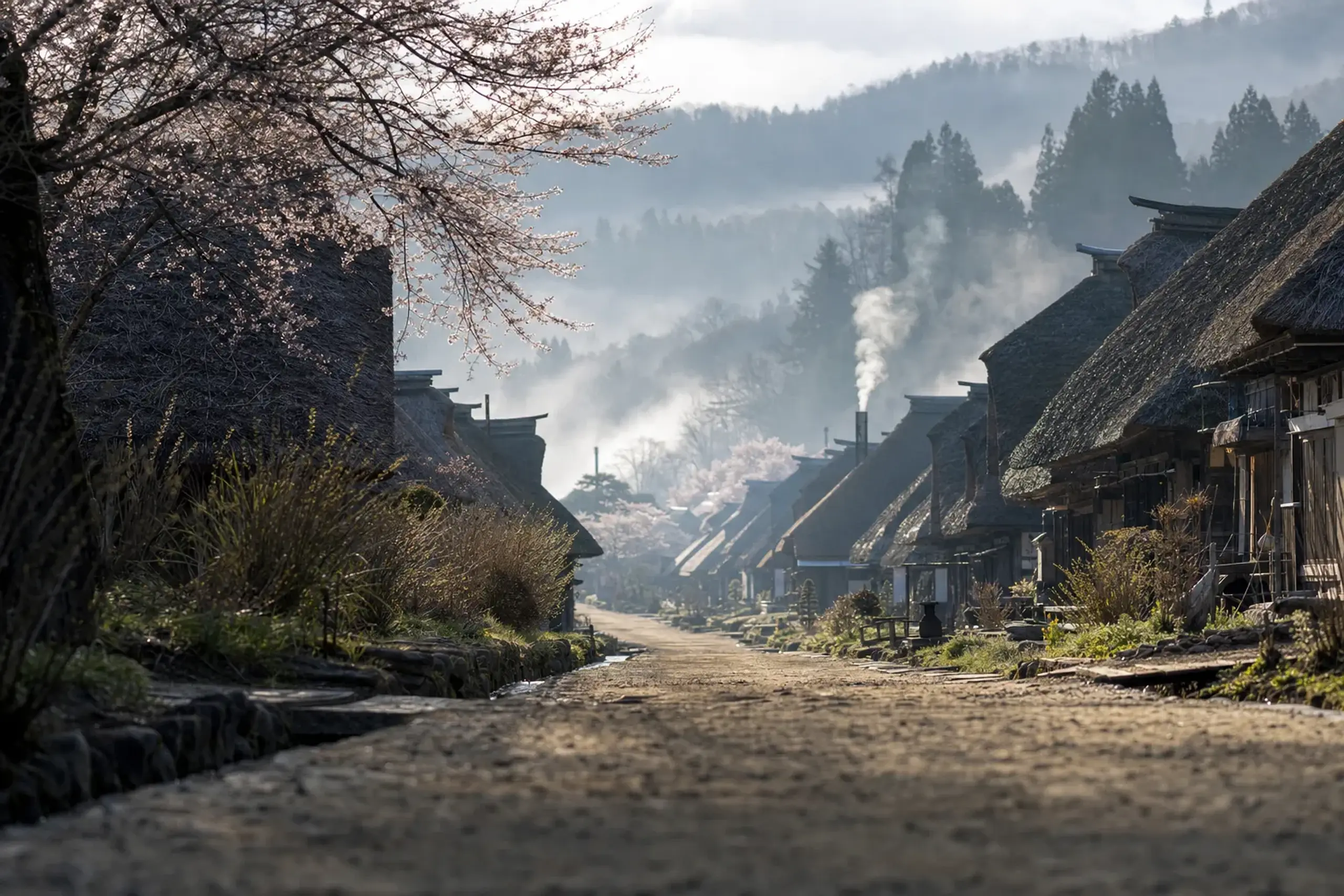 the 450-metre single street of Ōuchi-juku lined with more than thirty 300-year-old pampas-grass thatched-roof houses in early morning light