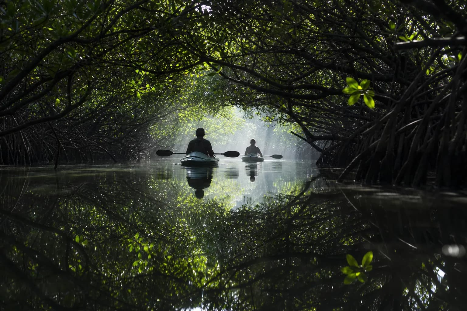 Kayakers gliding through Amami Oshima's mangrove forest at dawn