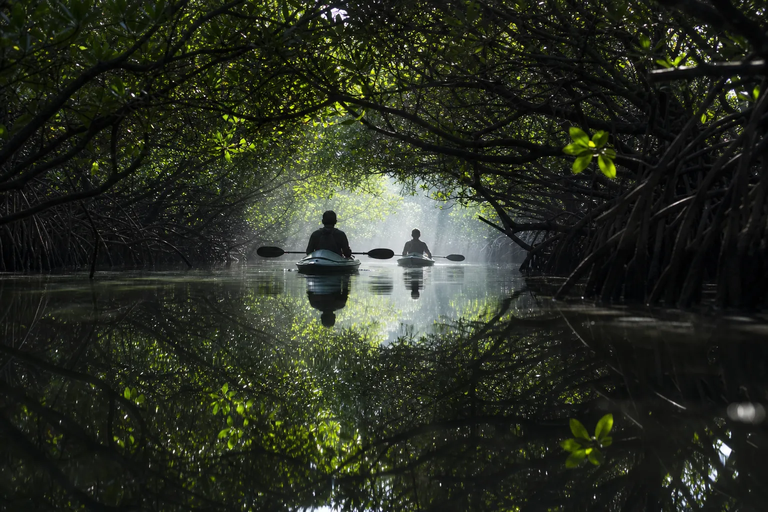 Kayakers gliding through Amami Oshima's mangrove forest at dawn