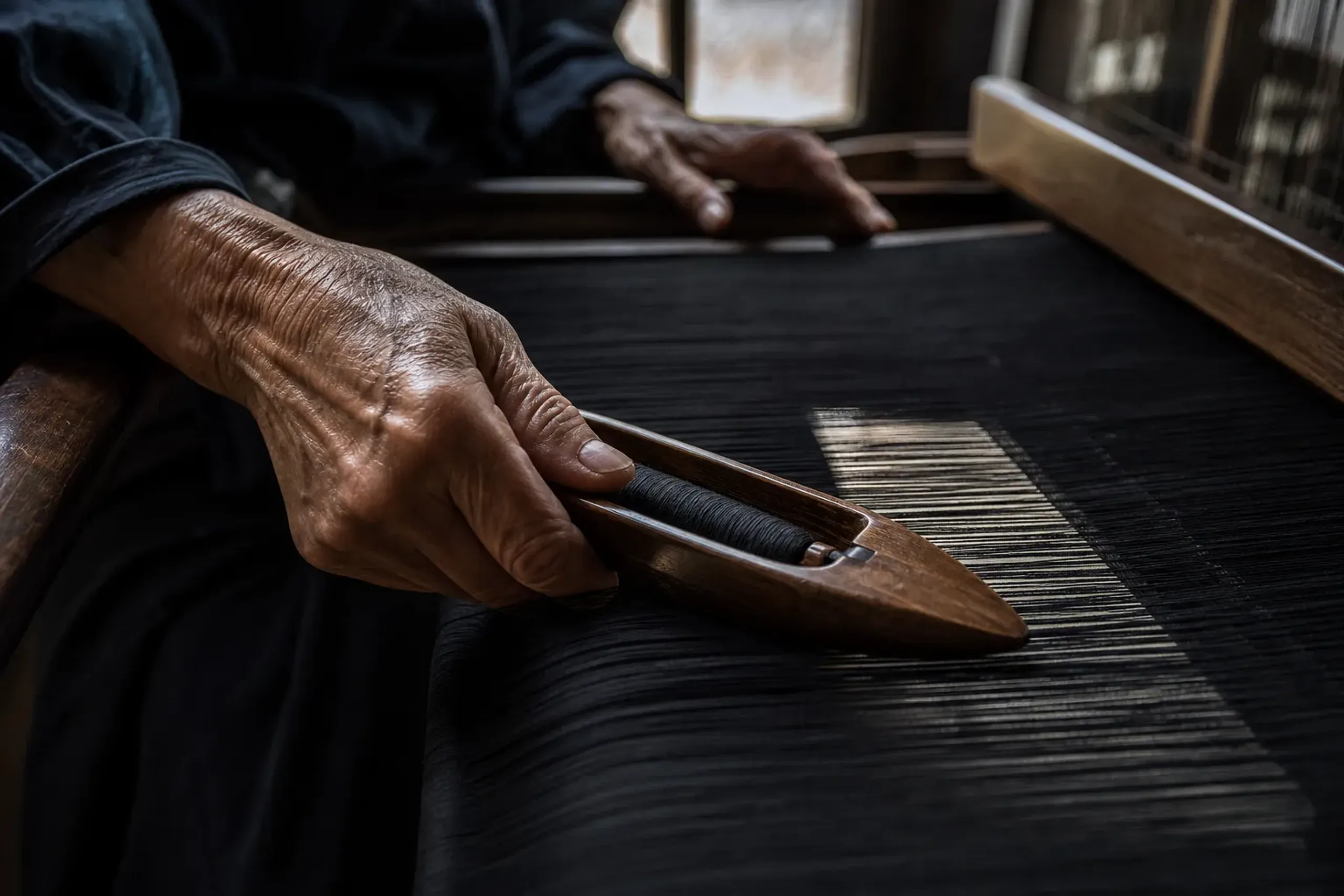 Artisan hands weaving deep black mud-dyed Oshima Tsumugi silk on a traditional loom