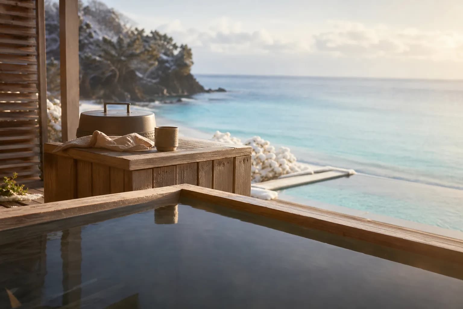 a private-pool glamping villa at Mare Blu Amami with its own jacuzzi and BBQ terrace overlooking the turquoise shallows