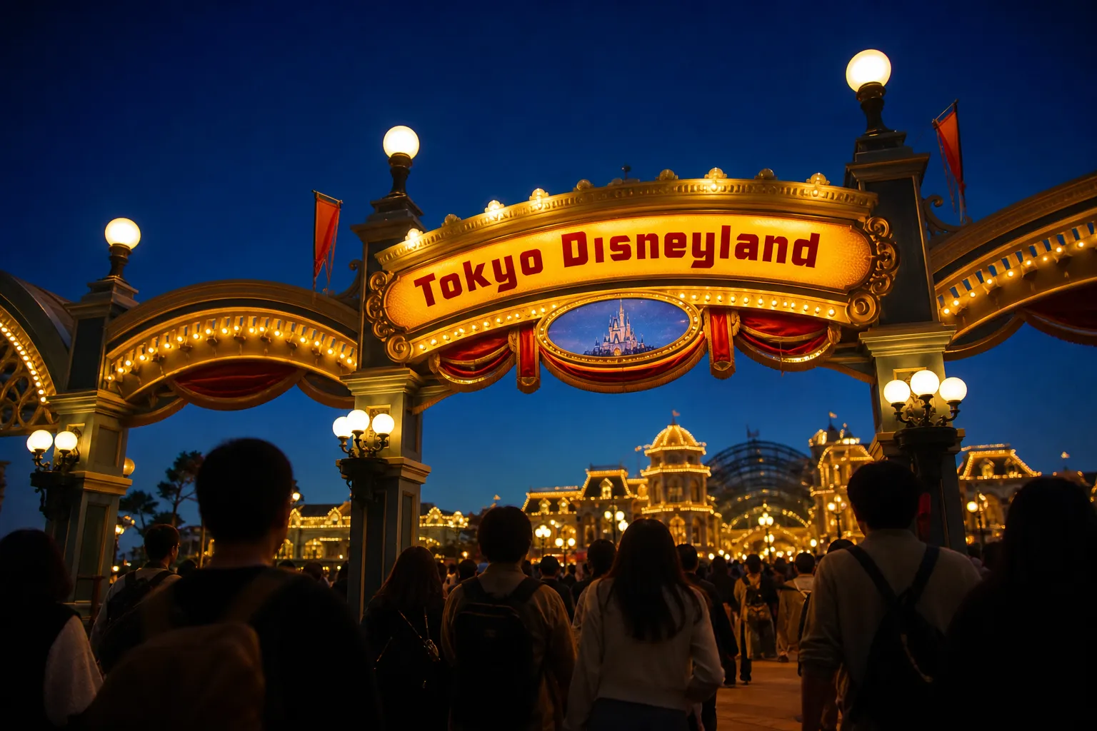 Guests entering Tokyo Disney Resort at dusk near the main entrance in Maihama