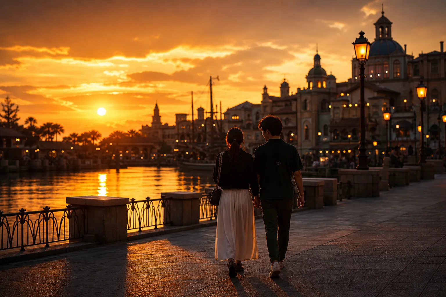Sunset reflecting on the Tokyo DisneySea waterfront lagoon during golden hour