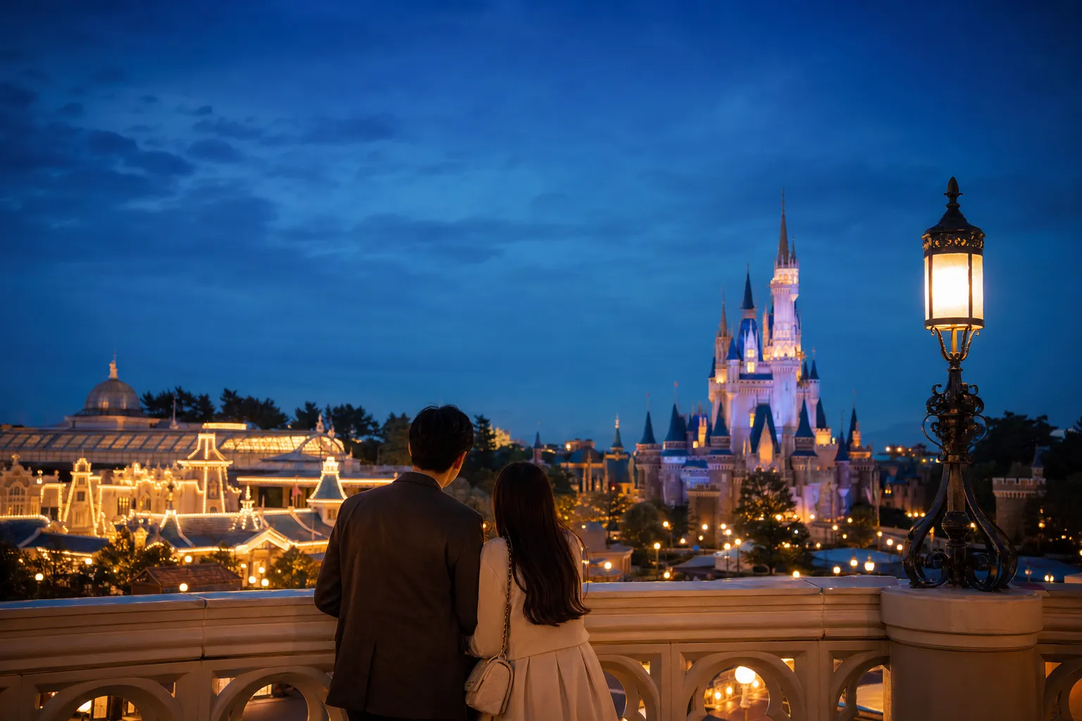 Tokyo Disney Resort skyline at night with guests watching the illuminated horizon without fireworks