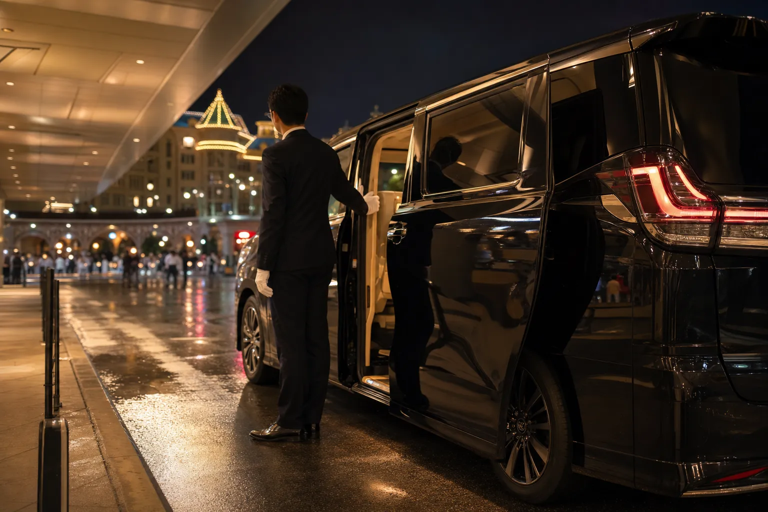 Executive chauffeur vehicle waiting curbside near Maihama for a quiet departure after Tokyo Disney Resort