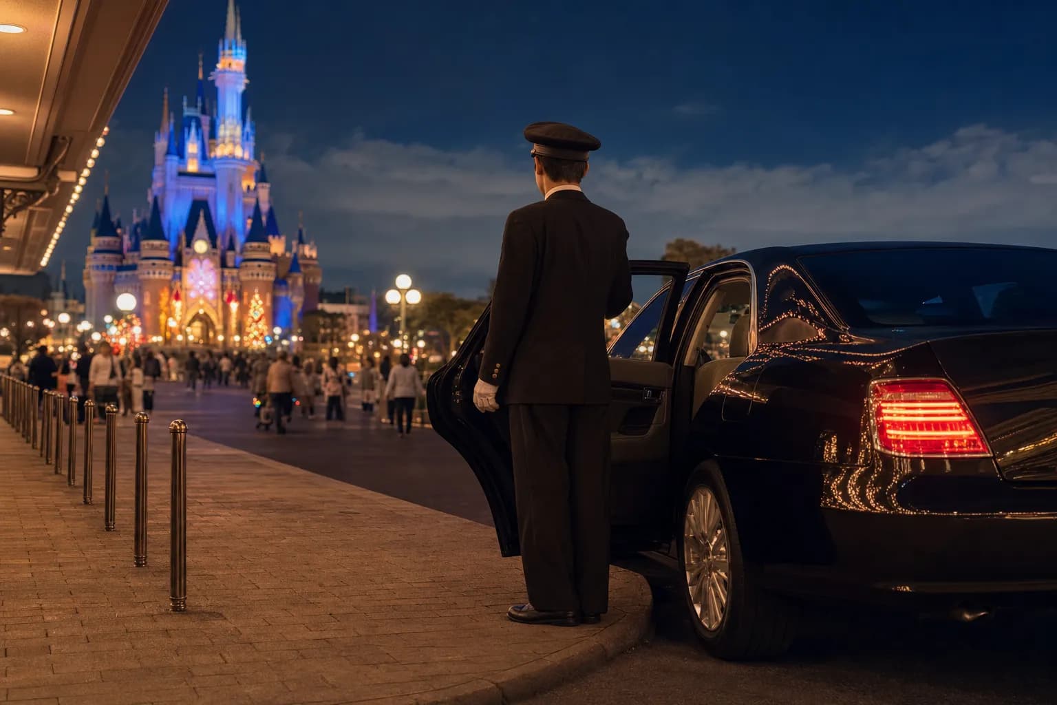 Executive chauffeur vehicle waiting curbside near Maihama for a quiet departure after Tokyo Disney Resort