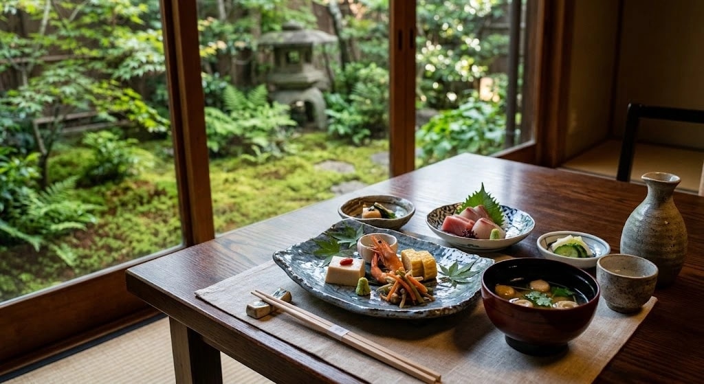 Traditional Japanese meal laid out on a wooden table by a garden window; features sashimi, tofu, pickled vegetables, and miso soup in ceramic bowls.