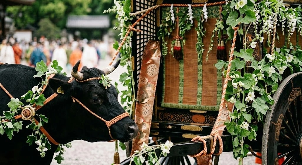 Black ox harnessed to a flower-covered wagon in a traditional festival procession.