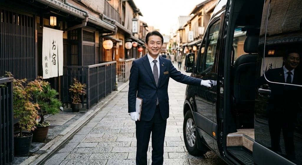 Smiling chauffeur in a navy suit with white gloves stands by a black van on a traditional Japanese street lined with wooden buildings and lanterns.