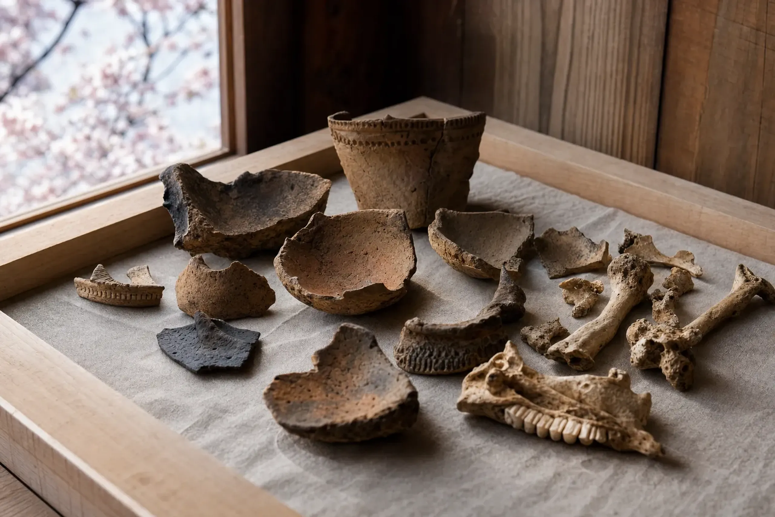 excavated Yayoi-period pottery fragments and animal bones displayed from the Motomiya site on Aoshima