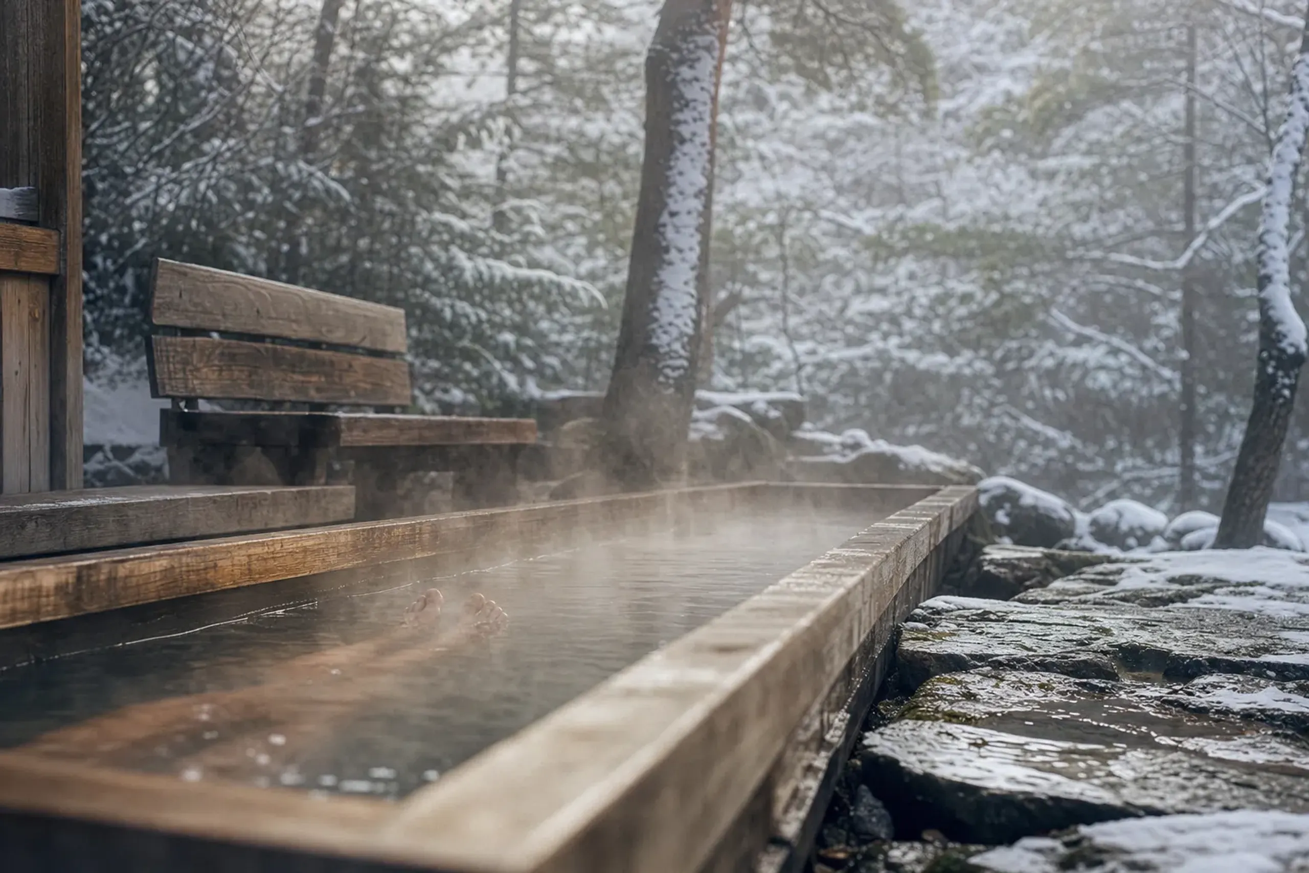 The Forest footbath at the Hakone Open-Air Museum, a long wooden trough of steaming hot-spring water fed from the on-site source, with weathered stone edging and pine trees rising behind the seating