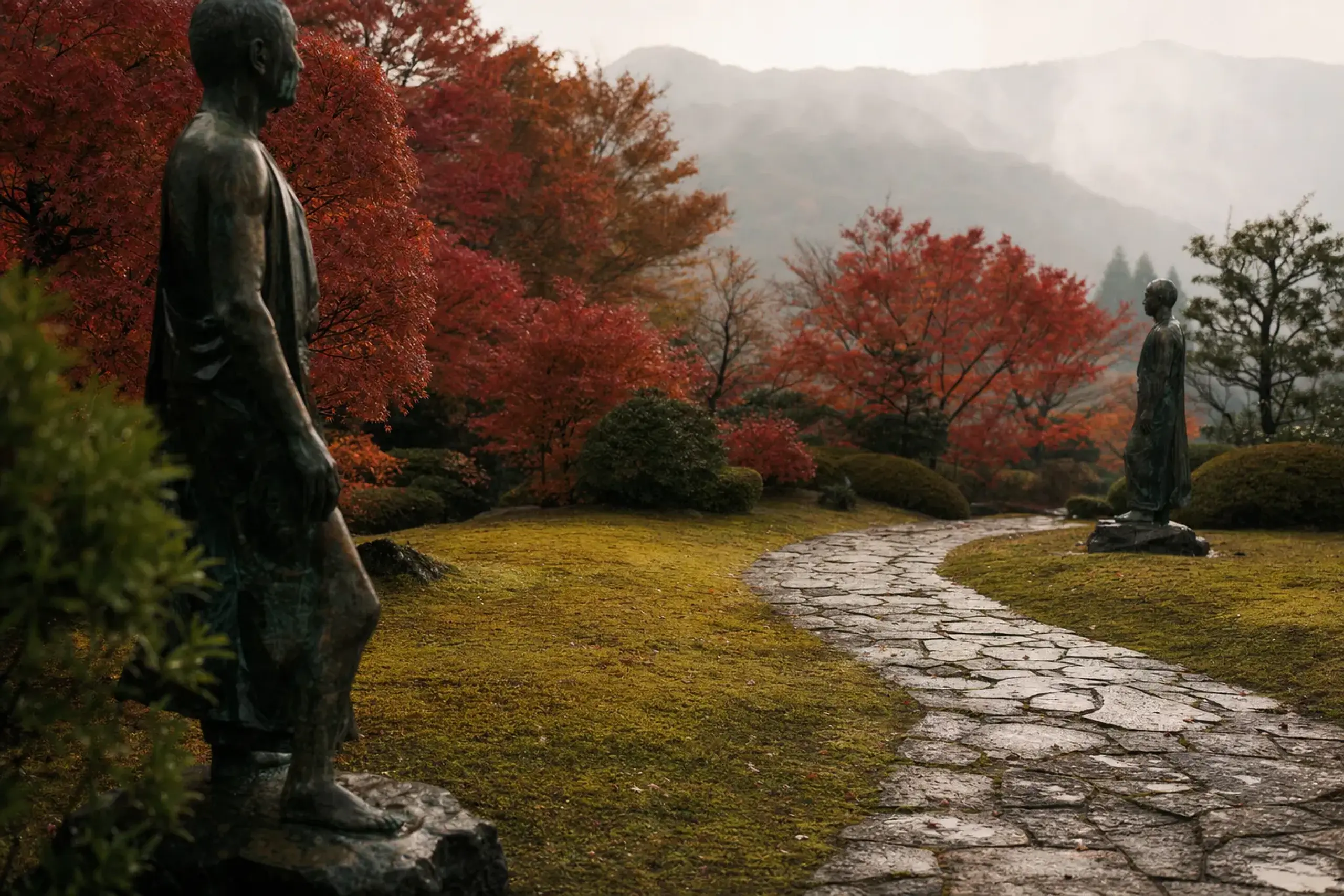 a winding stone pathway threading between outdoor bronze sculptures on the museum's landscaped lawns, with the Hakone mountains rising in the background