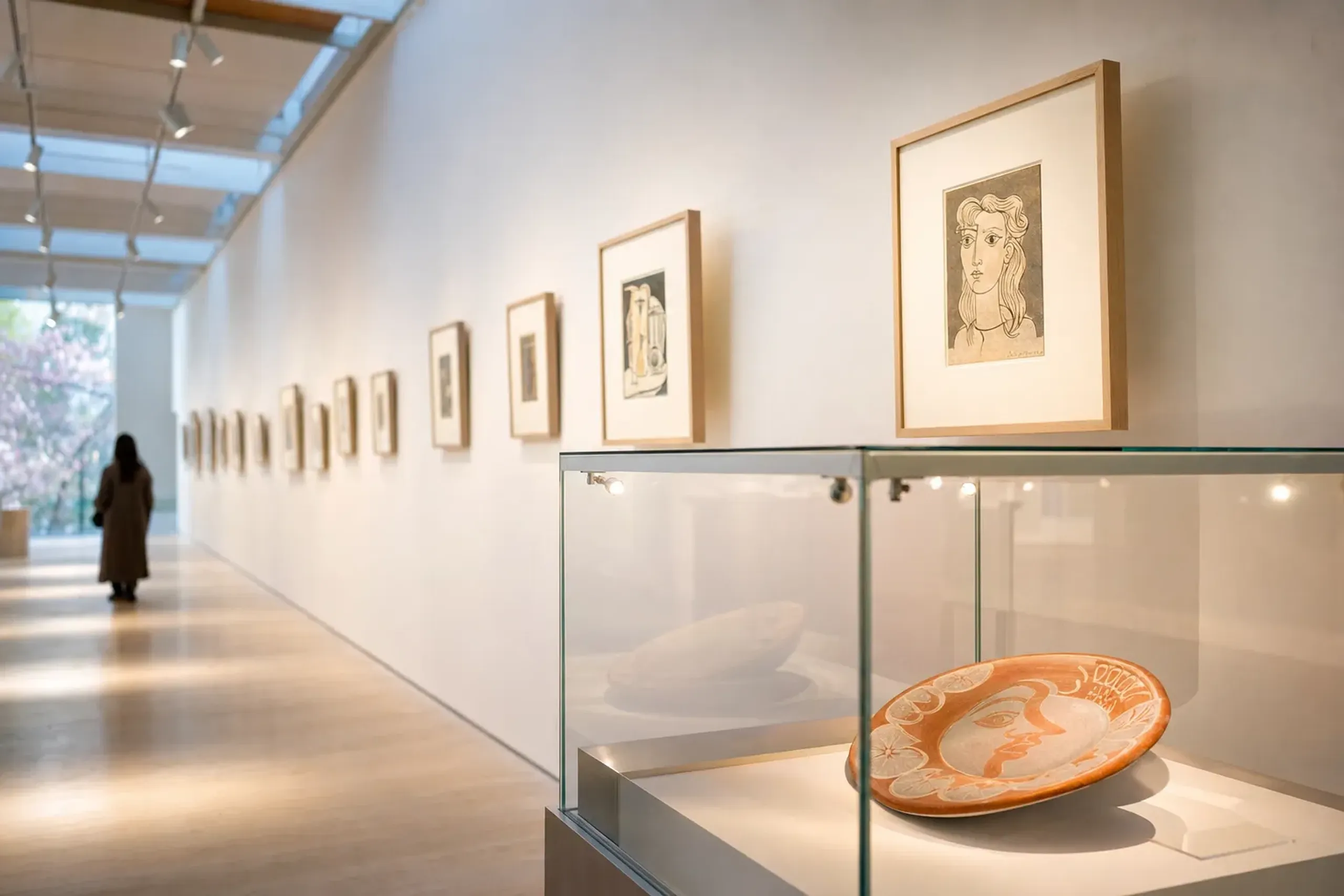Interior of the Picasso Pavilion at the Hakone Open-Air Museum displaying rotating Picasso ceramics and prints on white walls