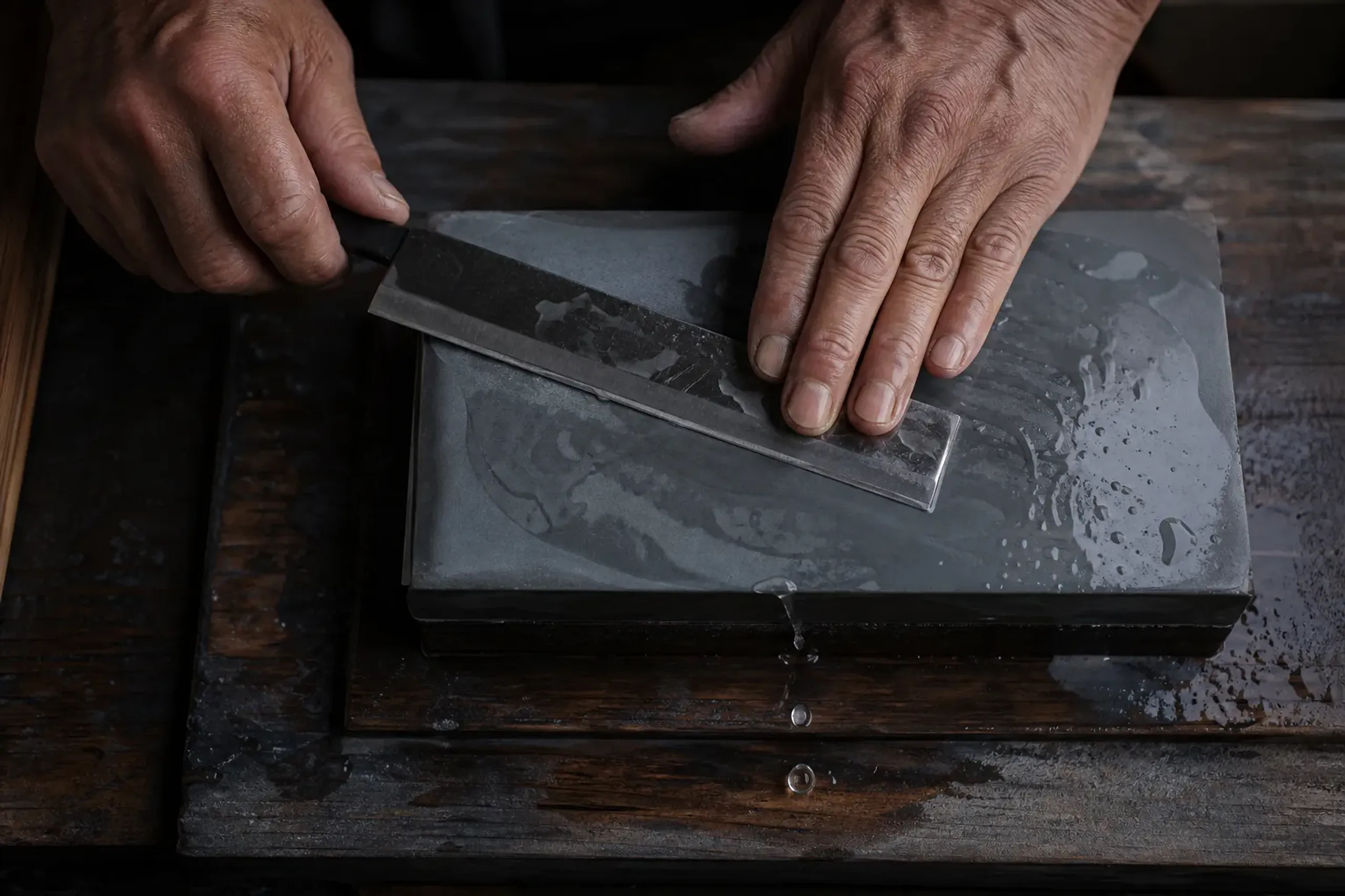 Hands sharpening a Japanese kitchen knife on a whetstone with water droplets