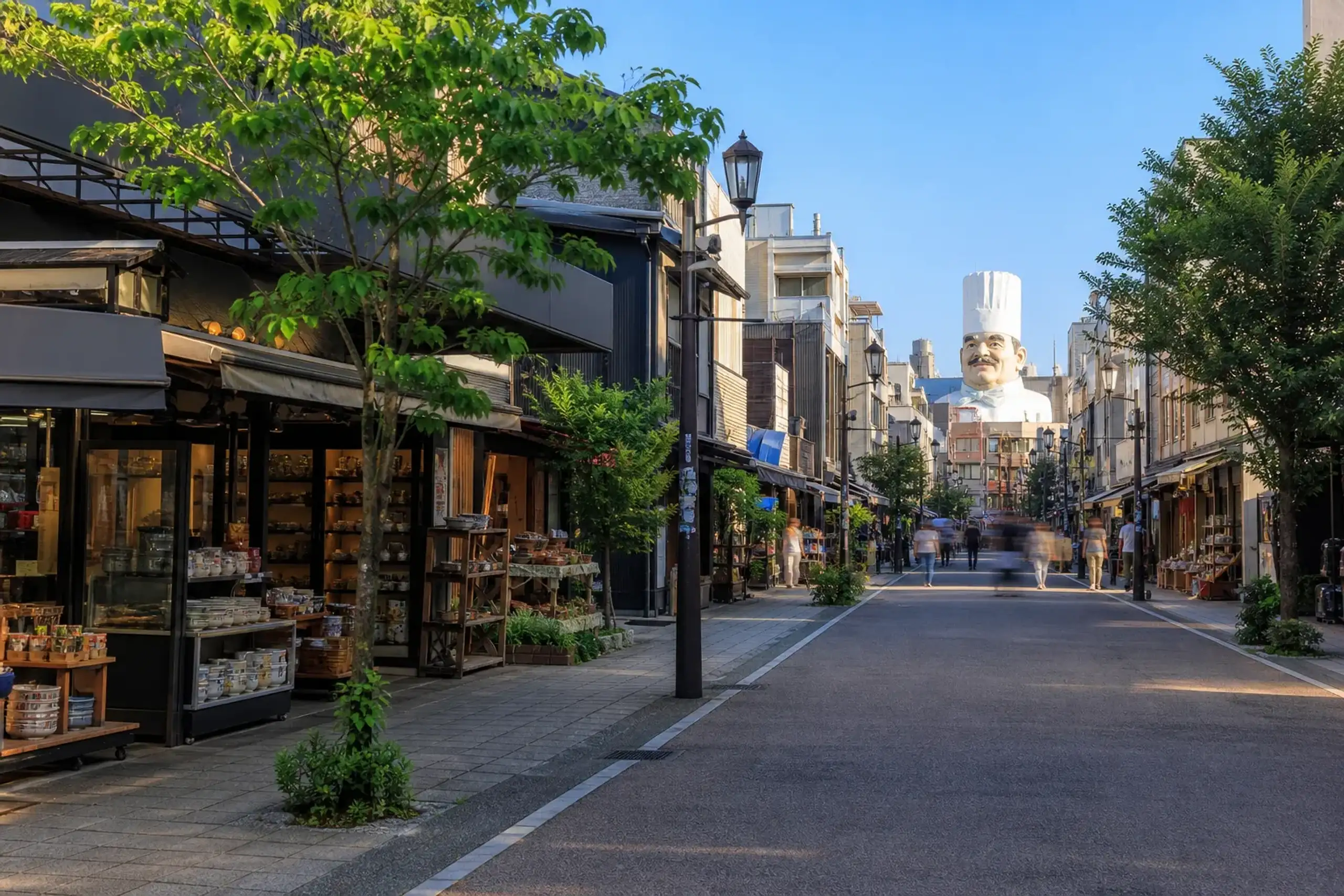 Tokyo Kappabashi street with kitchenware shops and the chef statue in the distance