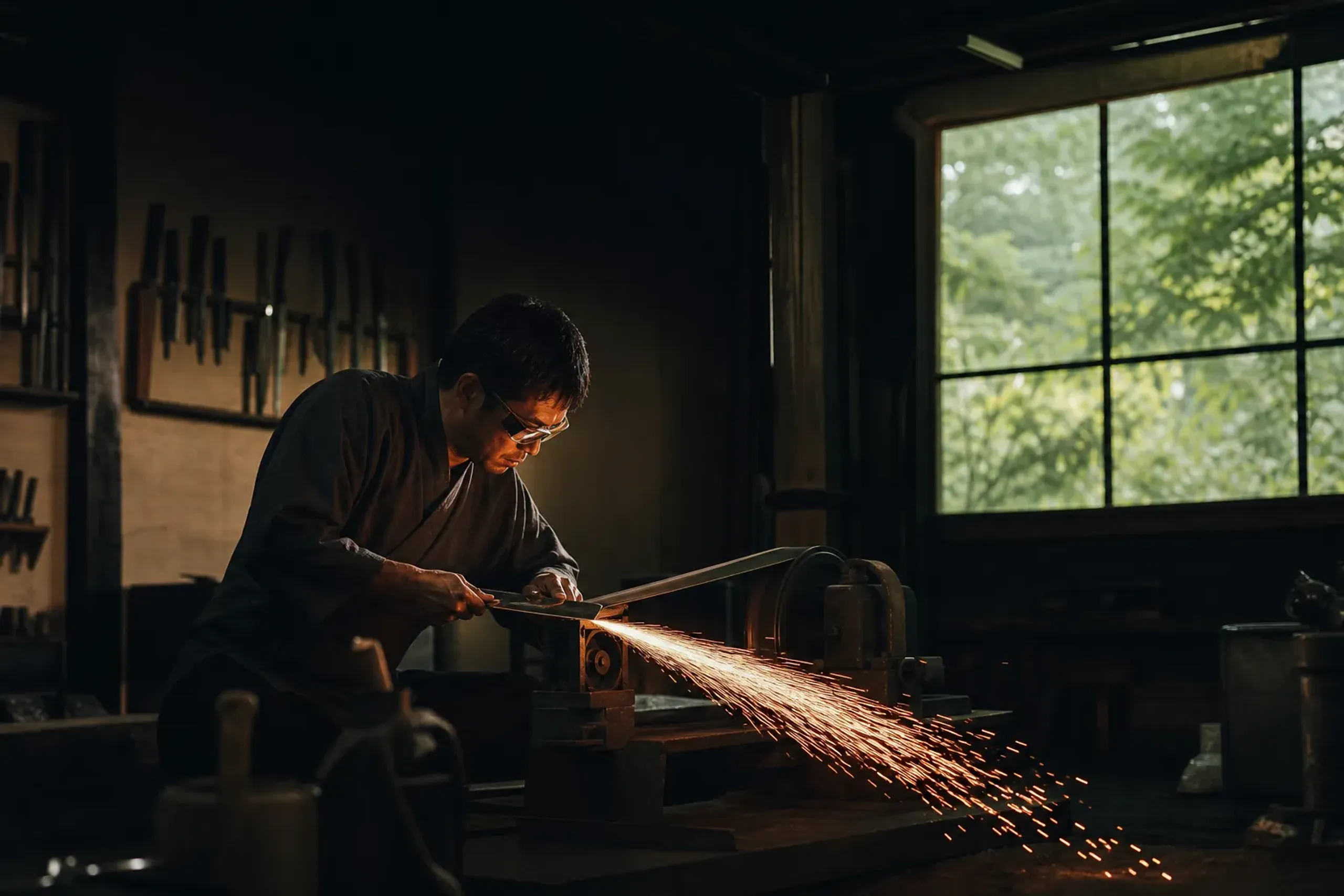 Knife artisan grinding a blade on a belt grinder with sparks in a workshop
