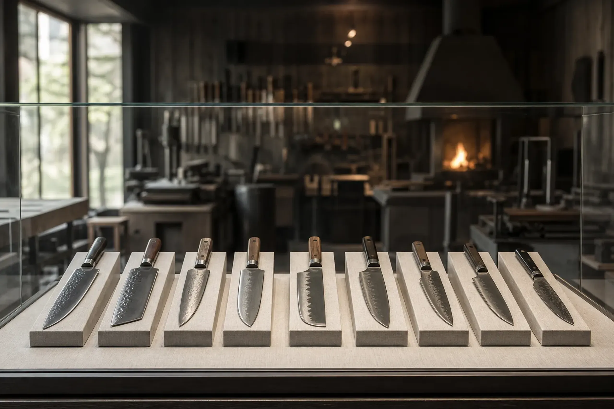 Japanese kitchen knives displayed in a glass case inside a modern factory gallery