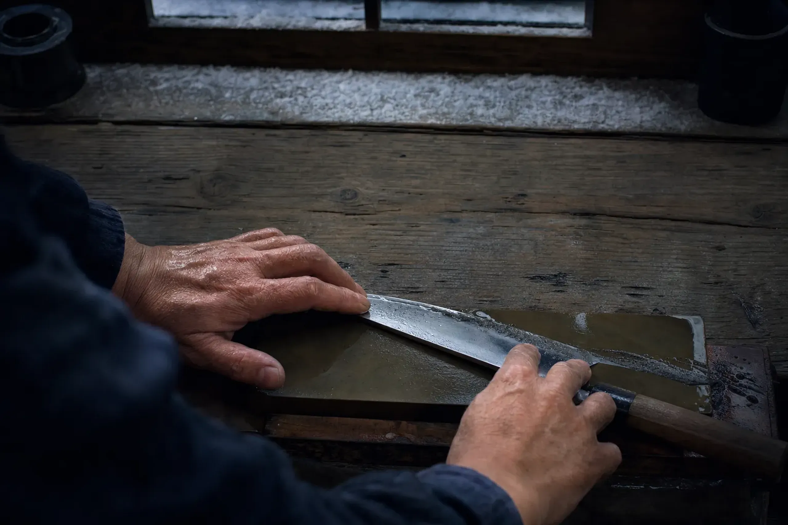 a Sakai shokunin sharpening a carbon-steel kitchen knife on a wet whetstone at a shop-level workbench in Osaka, water and metal filings glistening on the stone