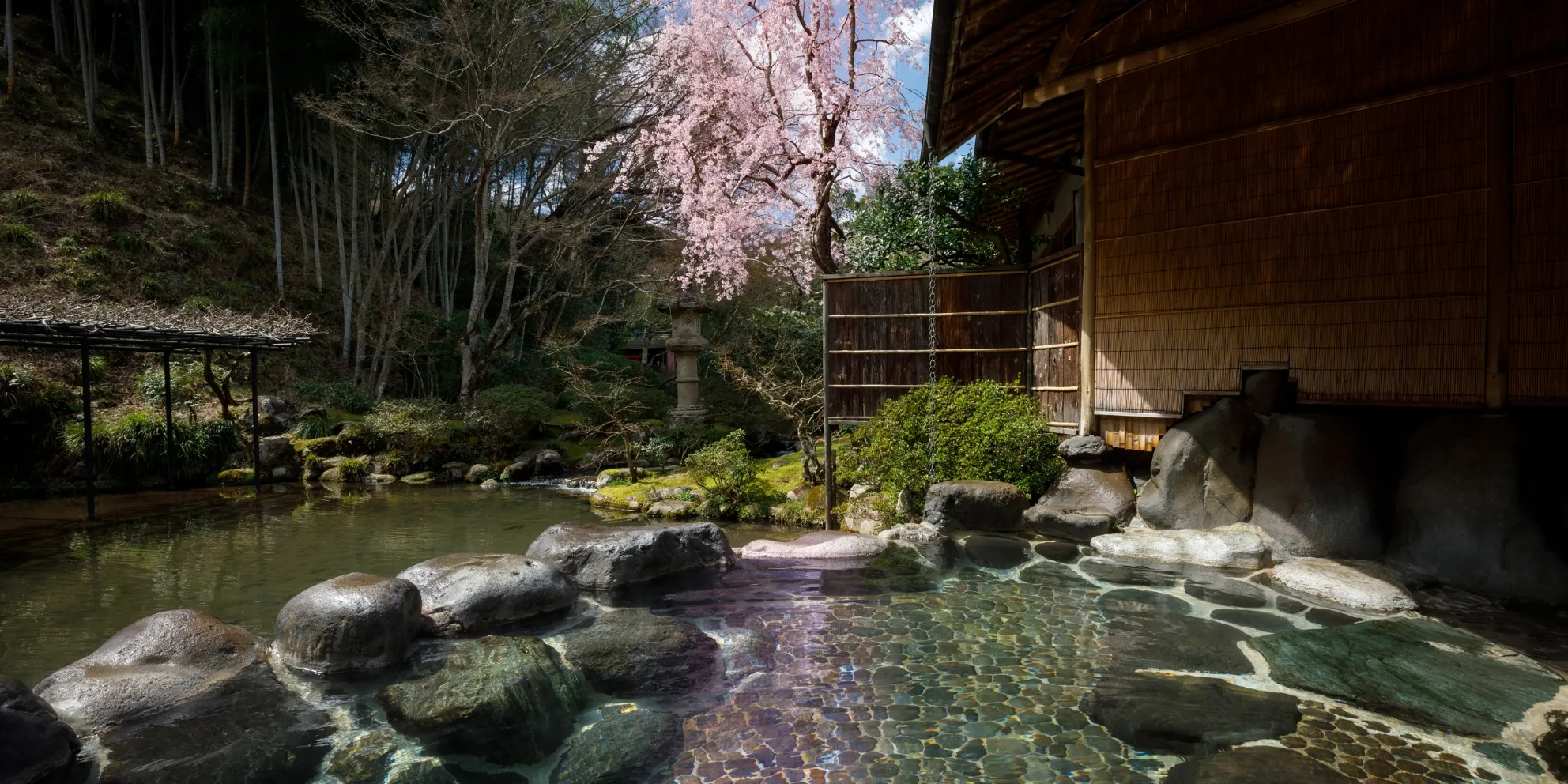 The Gekkeiden Noh stage at Asaba Ryokan standing on the pond in Shuzenji