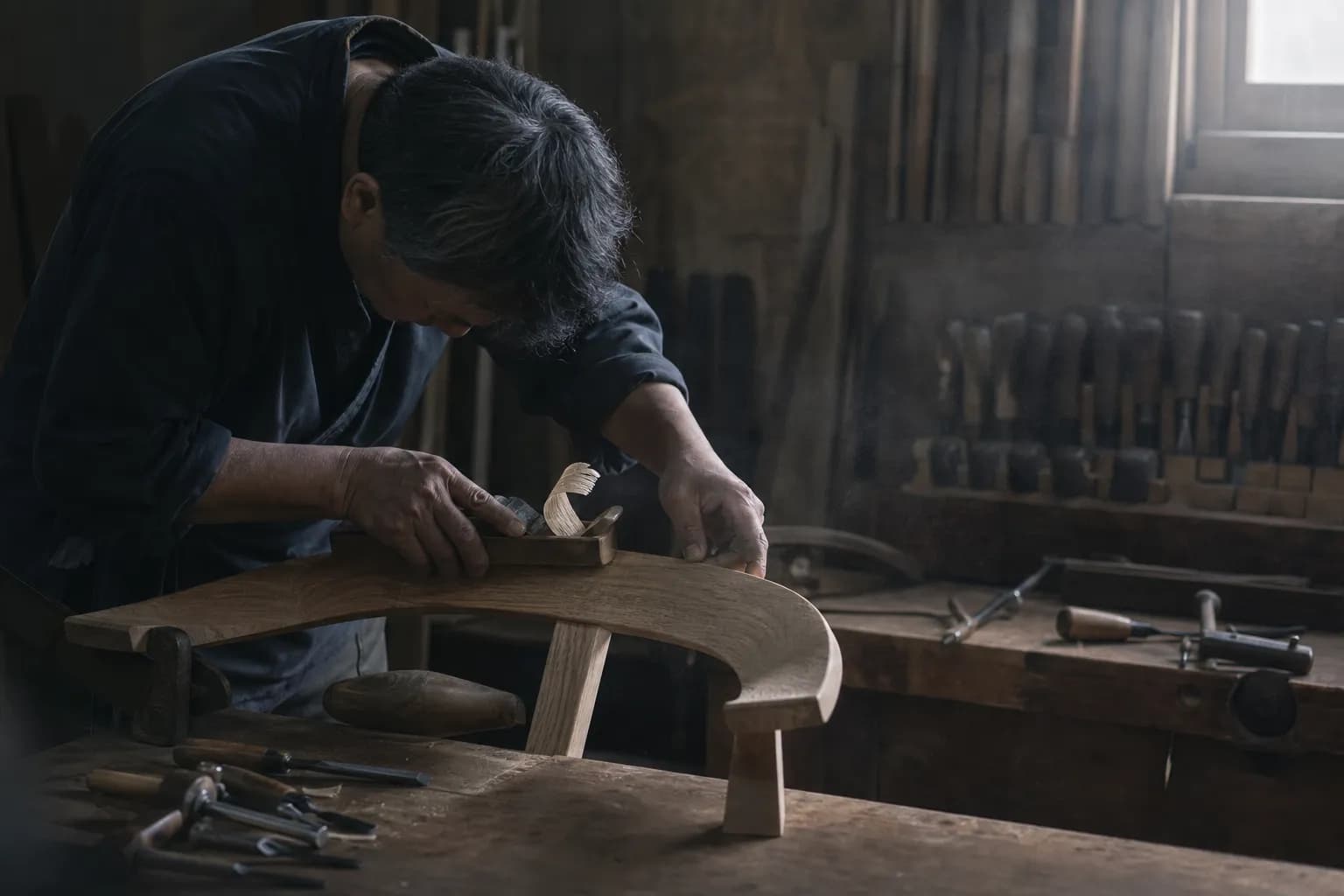 Asahikawa shokunin woodworker shaping a hardwood chair in his workshop