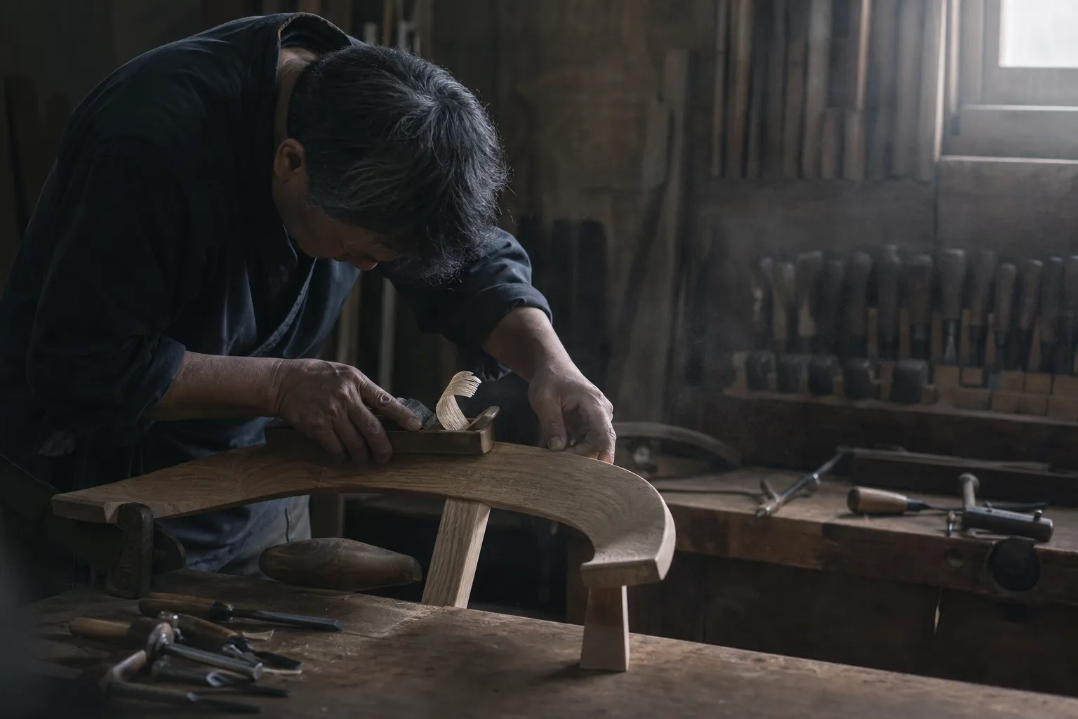 Asahikawa shokunin woodworker shaping a hardwood chair in his workshop
