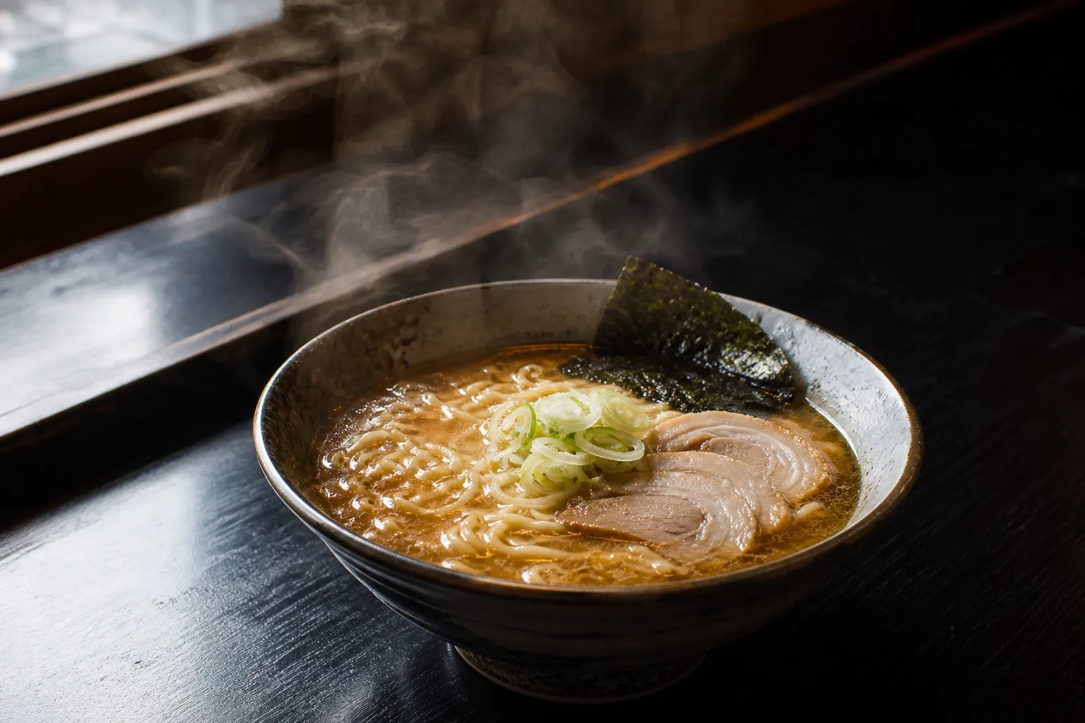 Bowl of Asahikawa ramen with double soup and a layer of oil keeping it hot