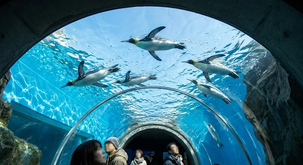 A wide-angle perspective inside a glass underwater tunnel at Asahiyama Zoo, showing penguins swimming gracefully through bright blue water above a group of mesmerized museum visitors.