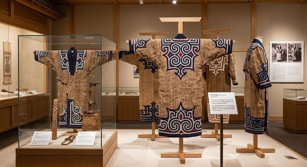 A detailed museum display featuring traditional Ainu Attush robes made of elm bark fiber, showcasing striking indigo and white geometric patterns against a neutral, dimly lit background.