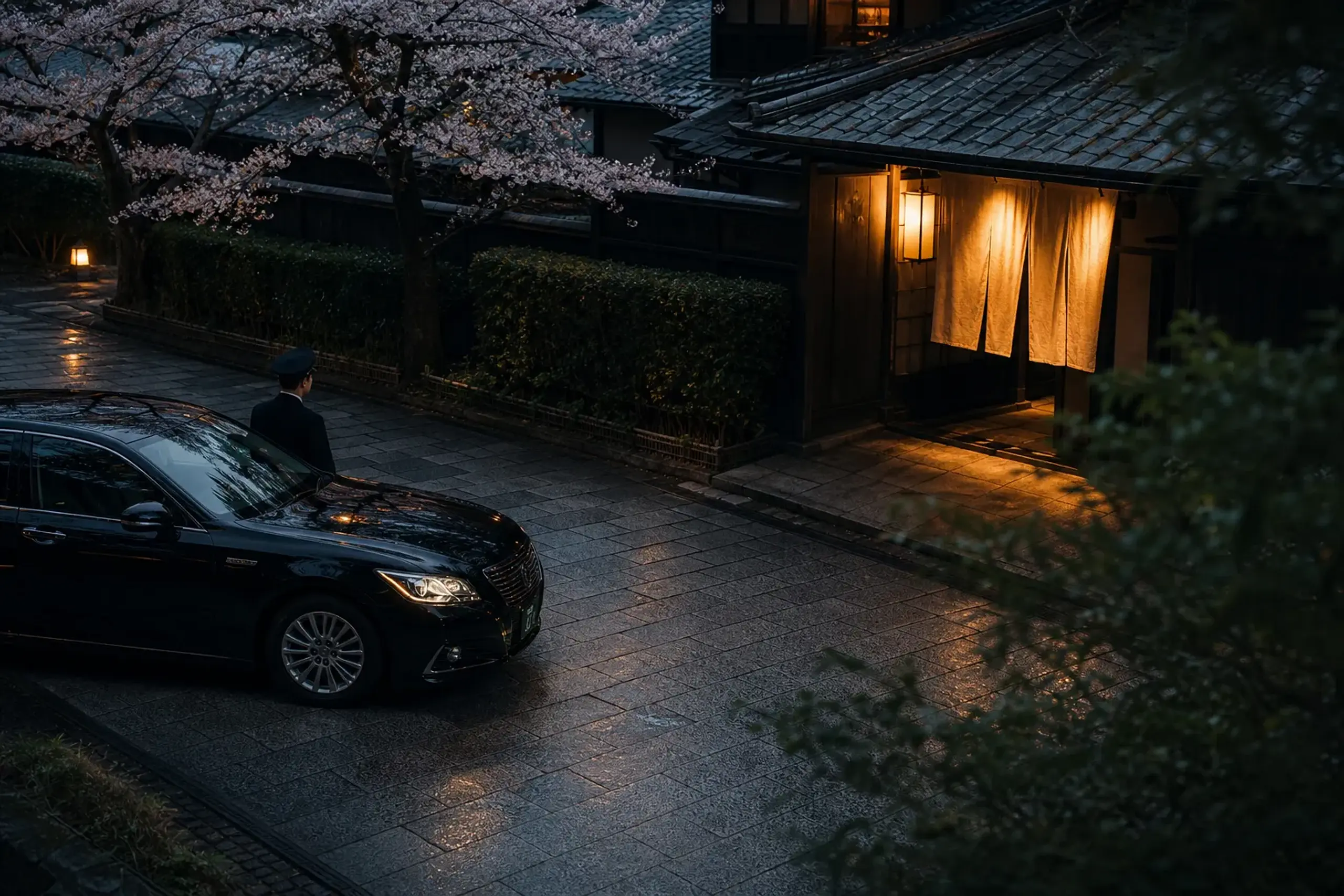 Black luxury chauffeur vehicle parked outside a traditional Japanese restaurant at dusk