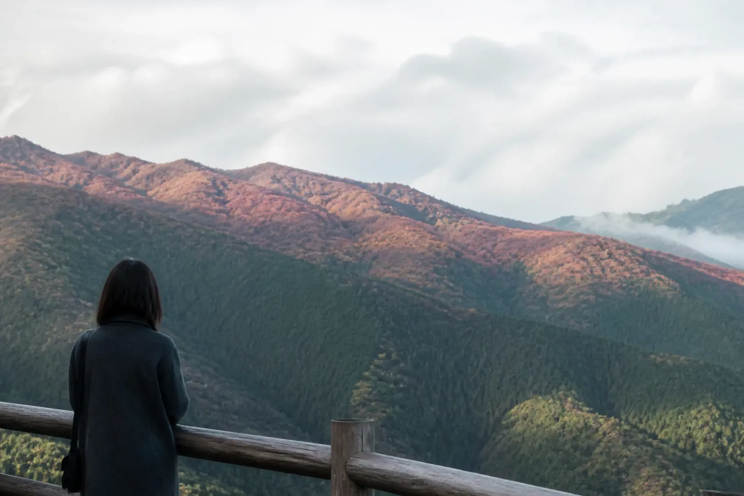 Traveller at a viewpoint over hills showing high ground turned red while lower slopes stay green