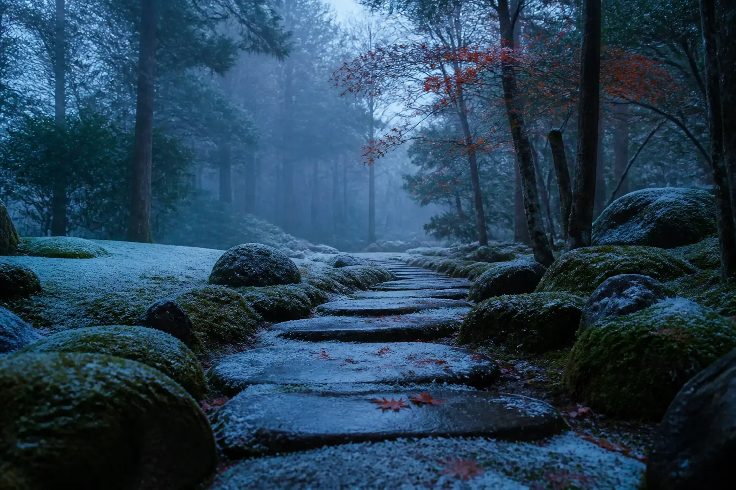 Quiet moss-and-pine garden path with a few red maple leaves in early morning light