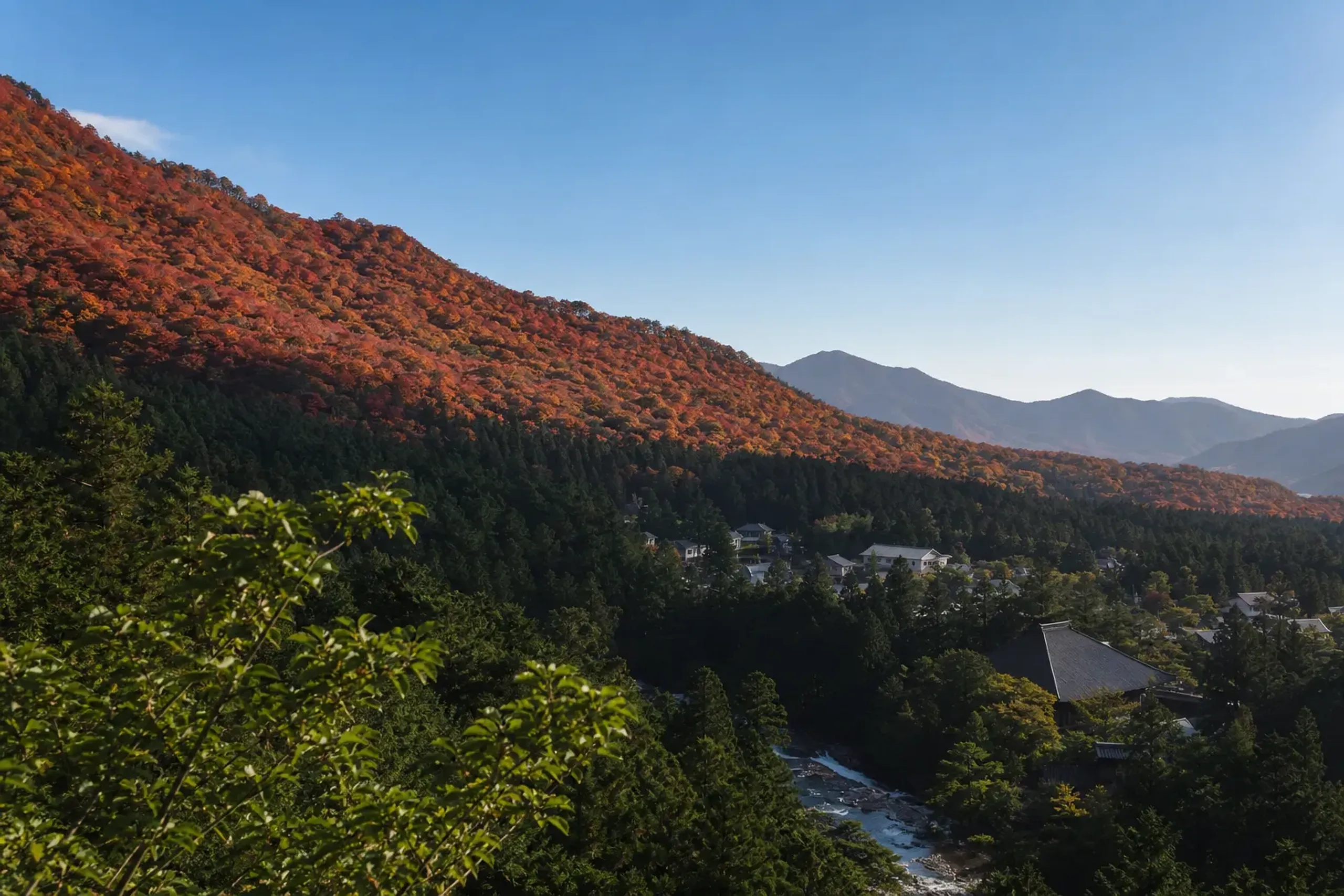 the elevated forested slopes of Nikko turning red and orange while the valley town below remains green, illustrating elevation-driven early colour