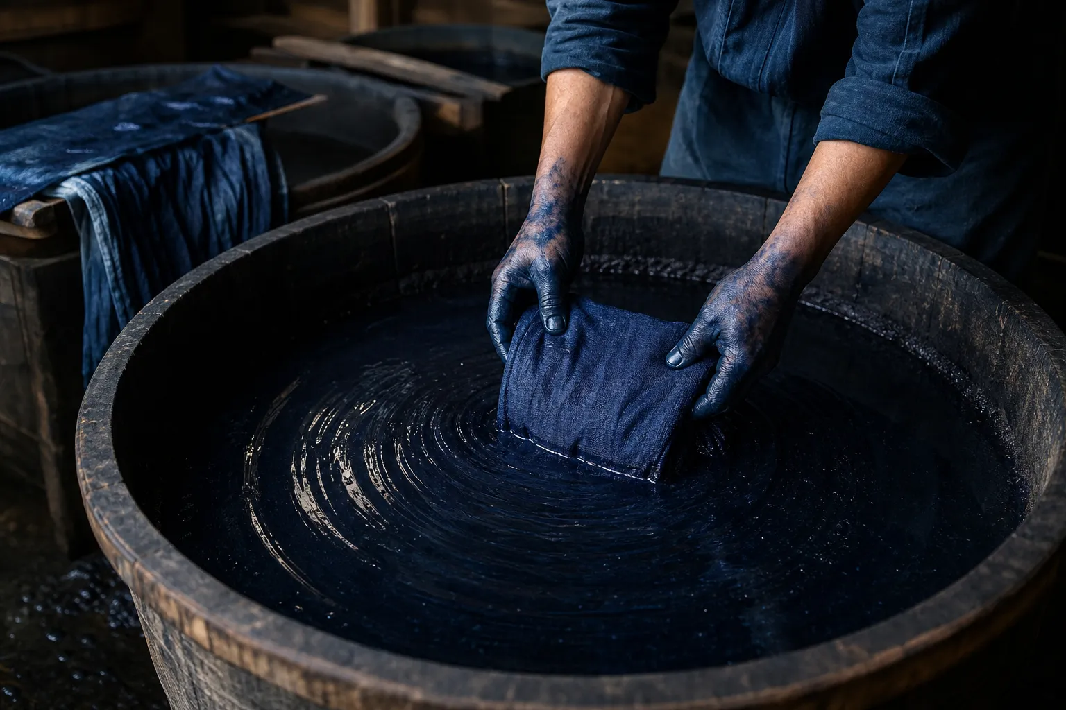 Tokushima artisan dipping fabric into a deep blue Awa indigo dye vat in a traditional workshop