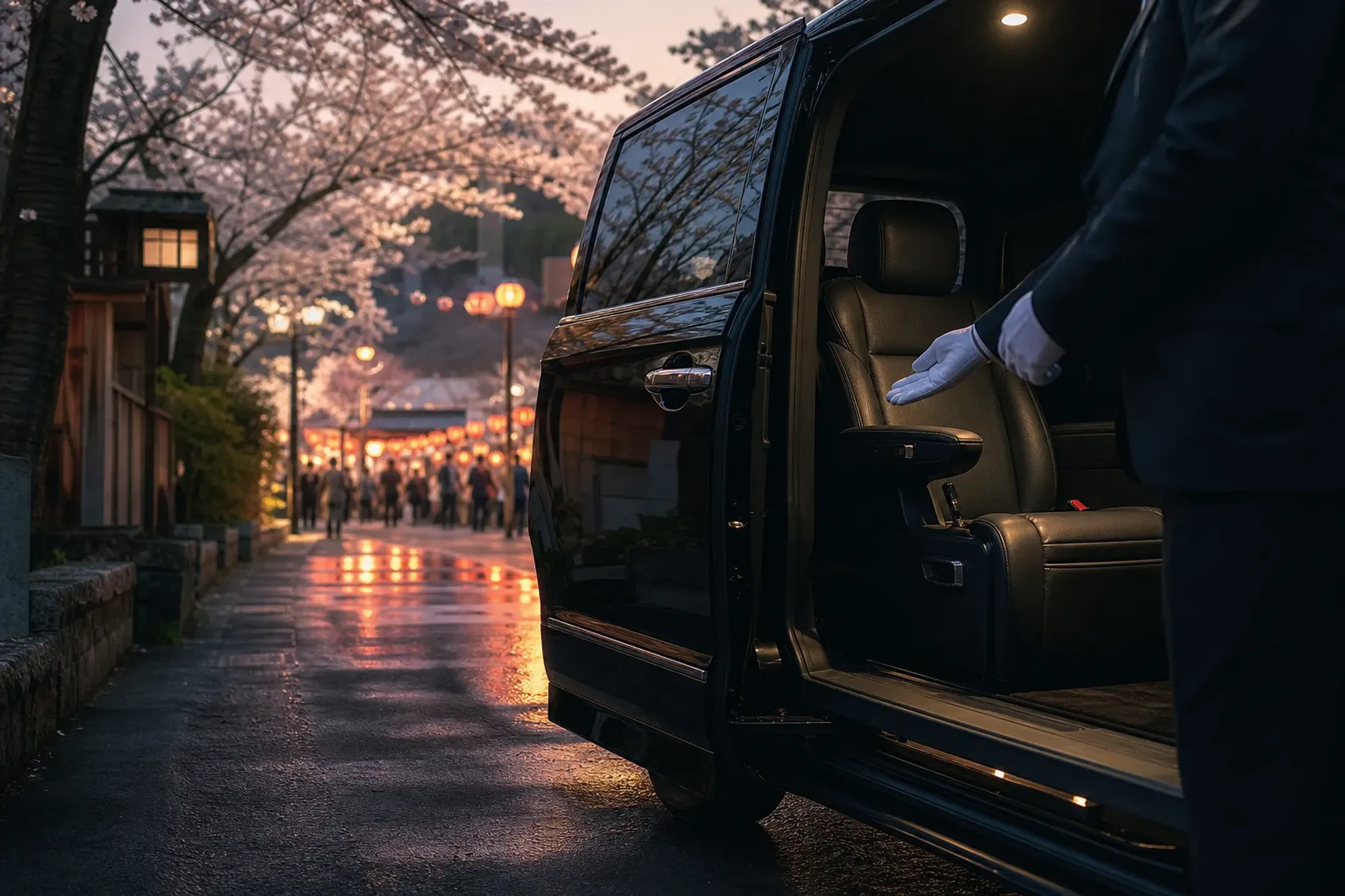 Luxury chauffeured minivan waiting on a quiet Tokushima street during the Awa Odori festival at dusk