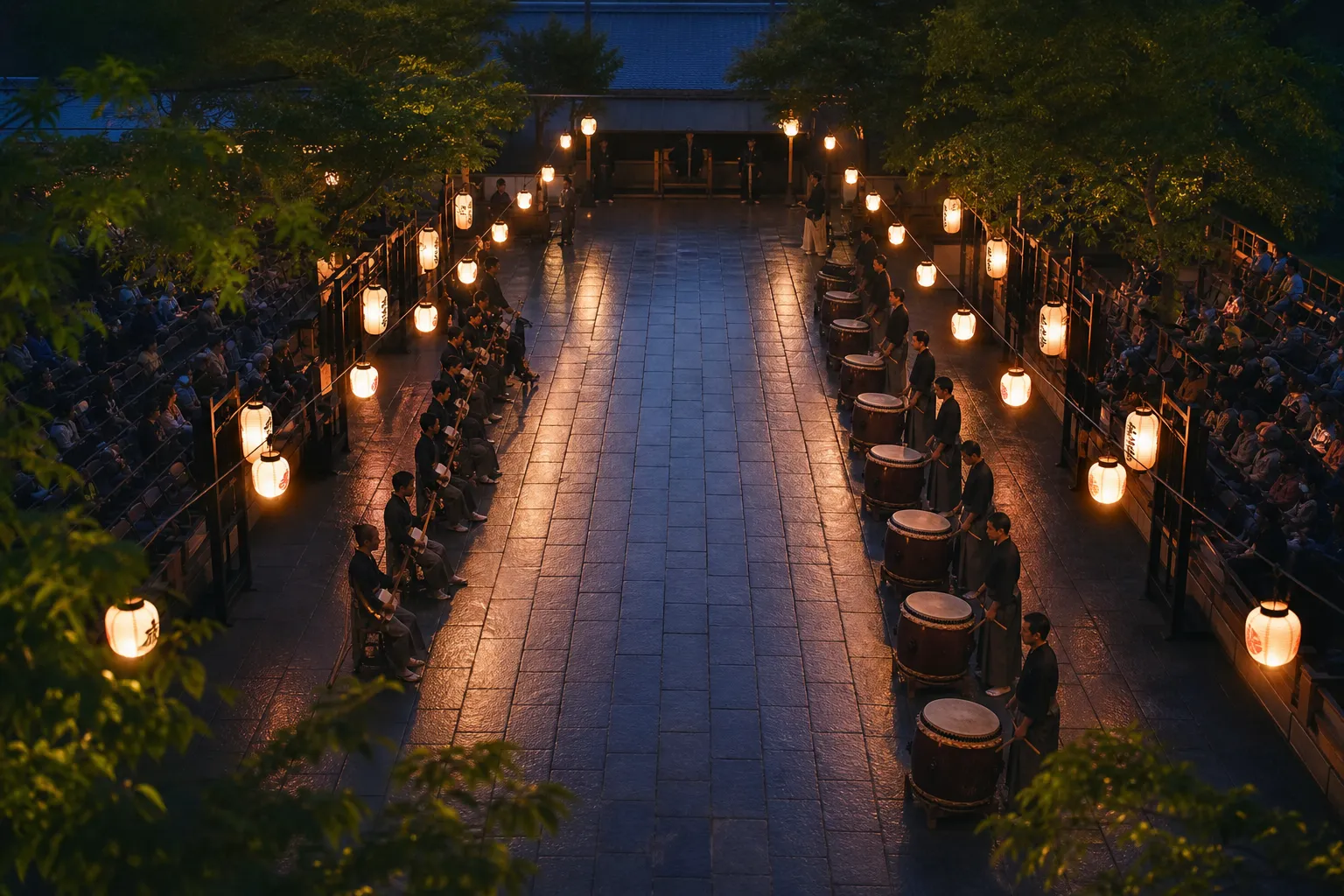 a Tokushima street enbujo dance-stage arena at dusk during Awa Odori, twin rows of paper lanterns glowing along the paved lane as taiko drummers and shamisen players line up between performance blocks