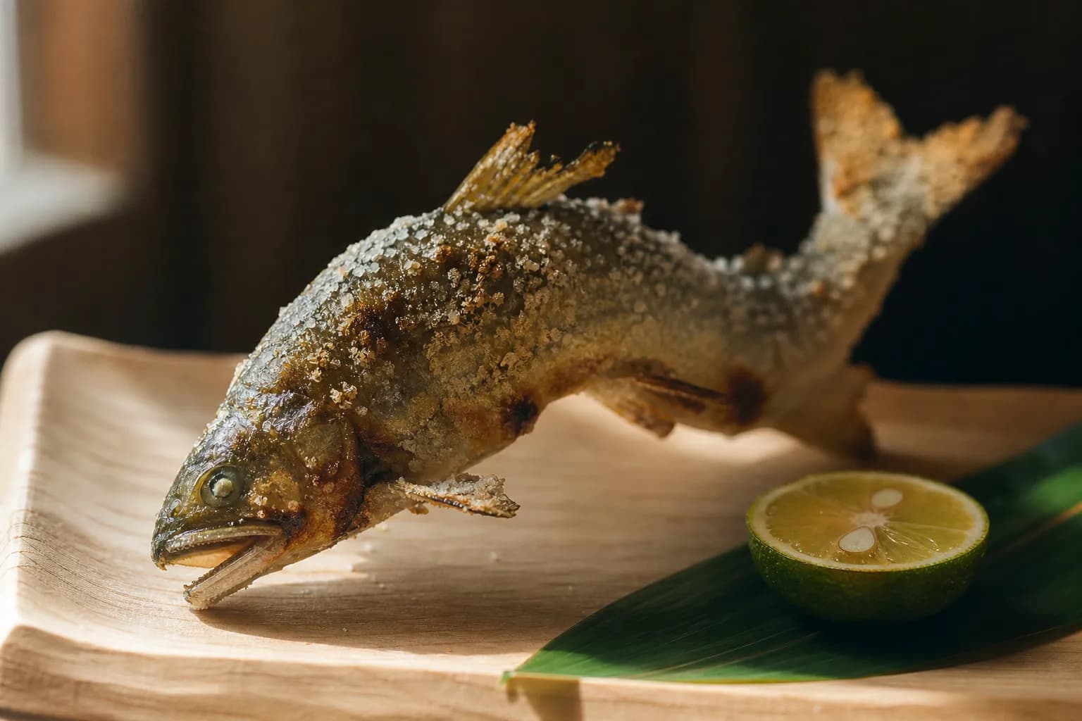 Salt-grilled ayu sweetfish served simply with citrus and garnish, a classic summer dish tied to ukai season