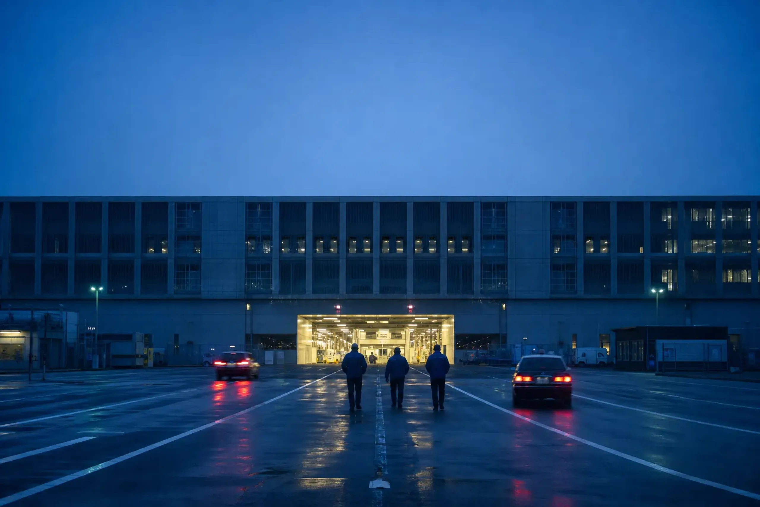 Predawn arrival scene outside Toyosu Market in Koto City, Tokyo with fluorescent lights and minimal crowds