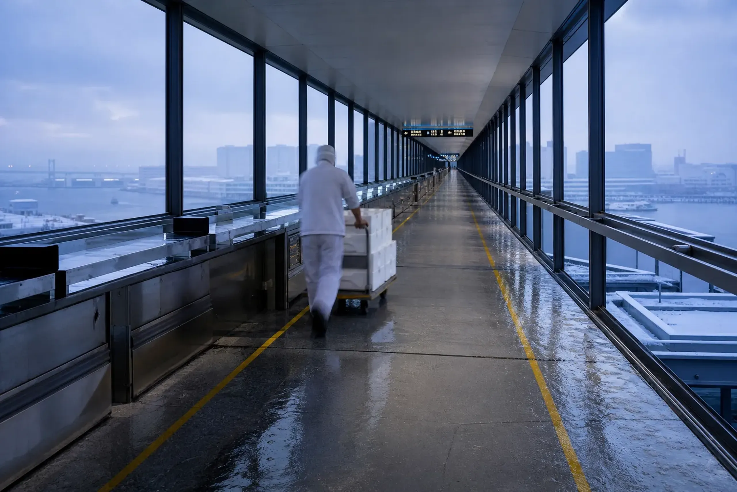 Toyosu Market interior corridor with seafood boxes and workers moving carts in a clean enclosed facility