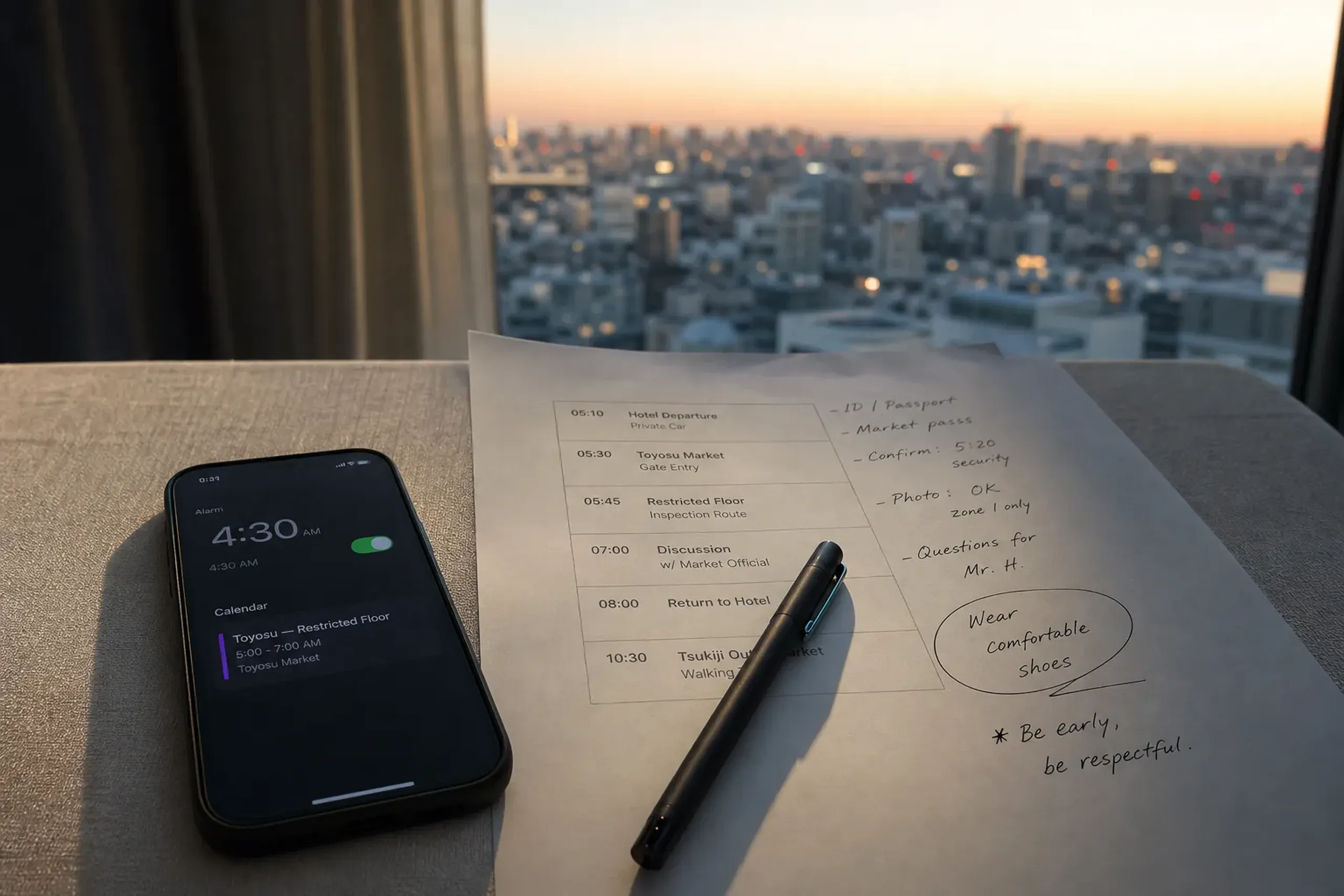 Early-morning planning scene with a smartphone, printed schedule, and pen used to organize a Toyosu tuna auction observation visit
