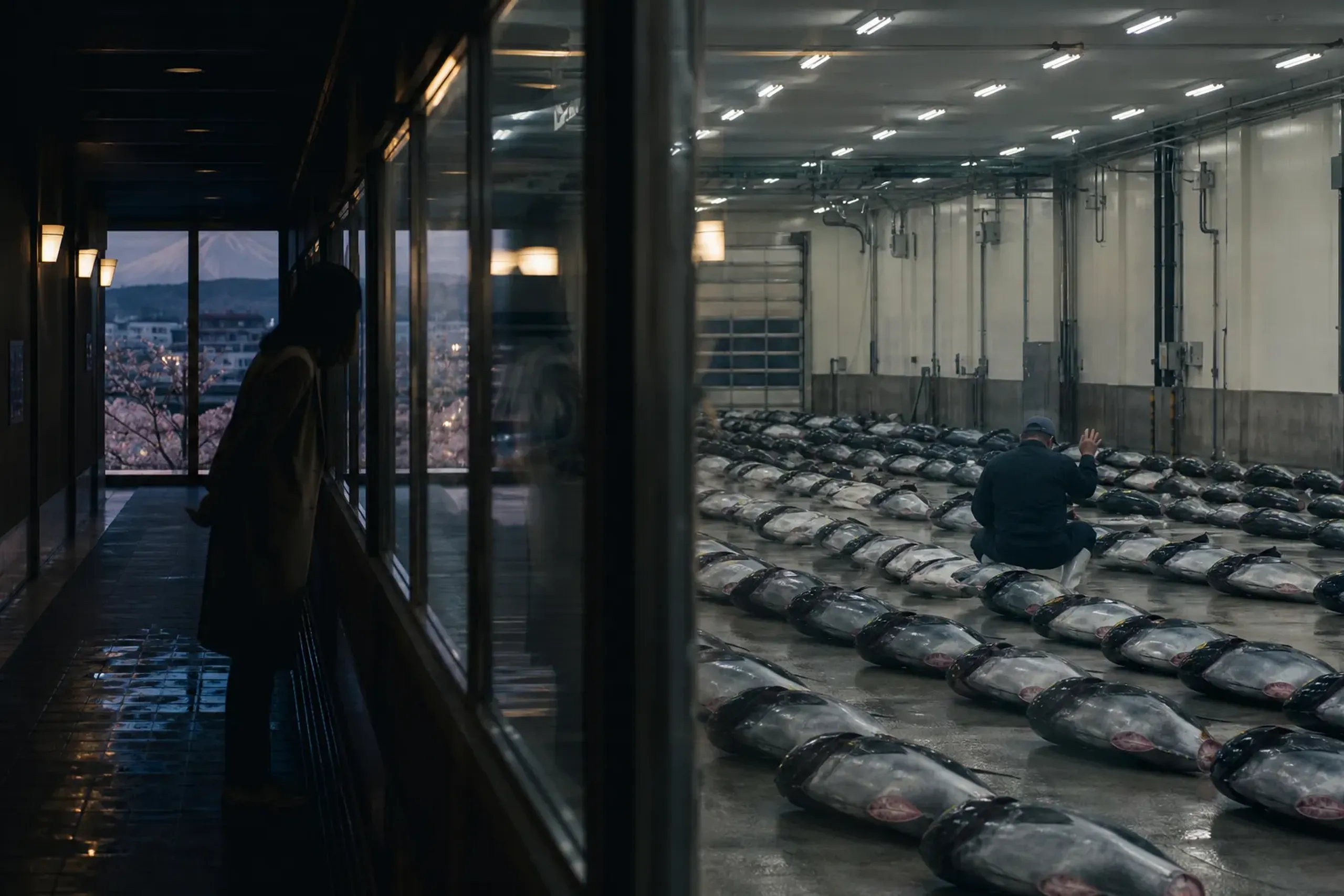 the glass-walled observation corridor at Toyosu Market in Koto City, looking down onto the enclosed tuna auction hall separated by a floor-to-ceiling glass partition