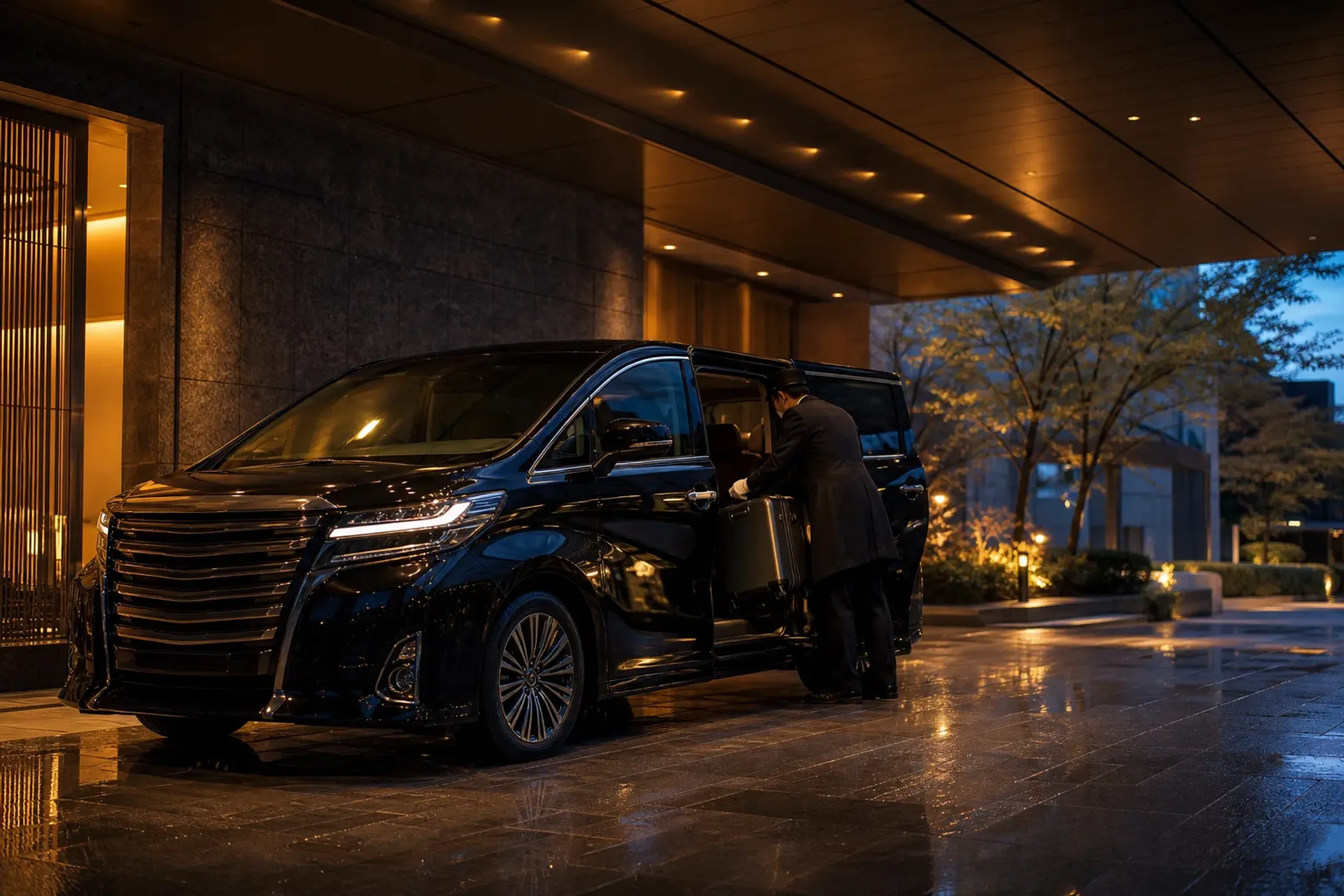 A chauffeured luxury minivan pickup in Osaka for a private transfer after a theme park day