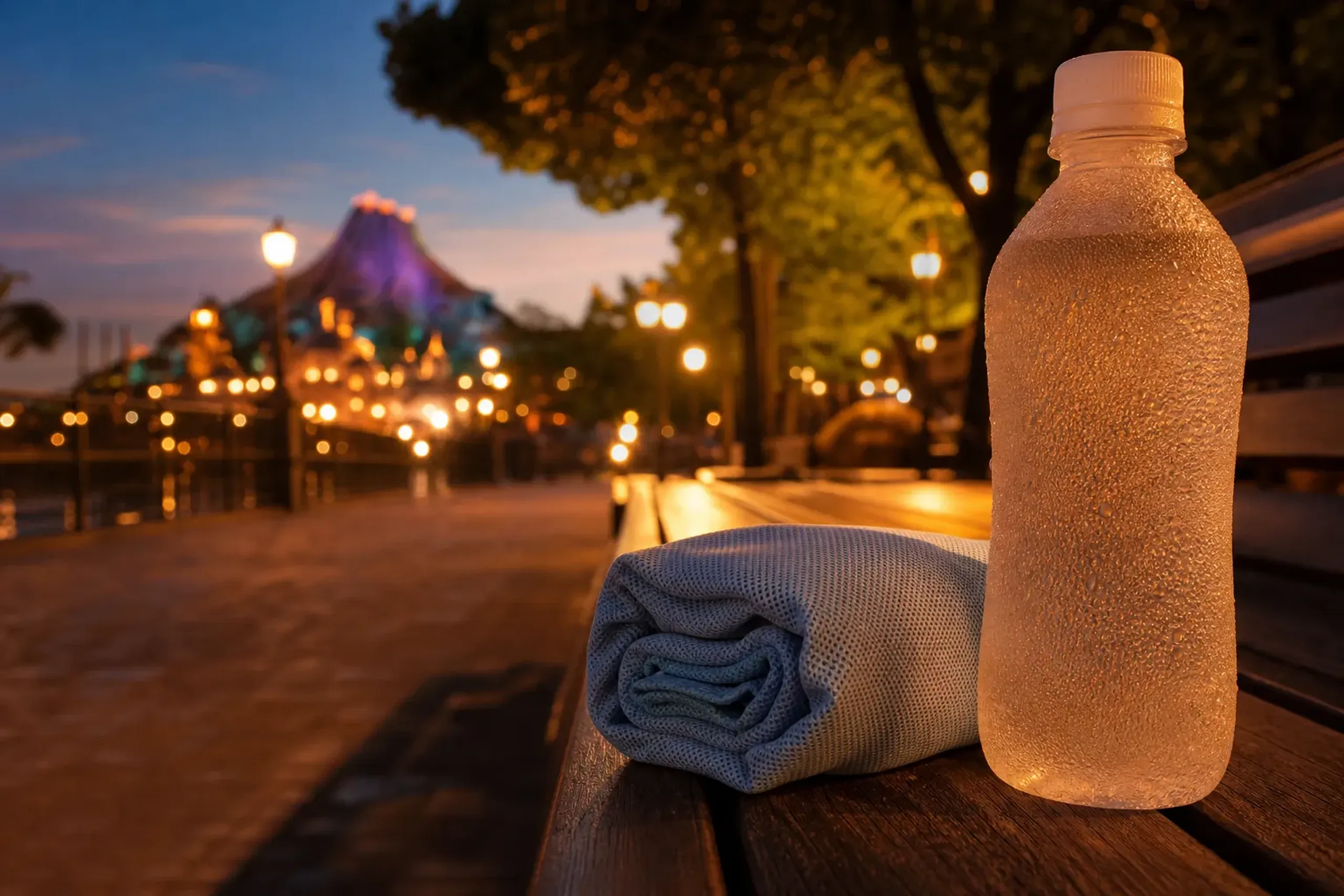 Cooling towel and water bottle prepared for a warm summer evening at Tokyo DisneySea