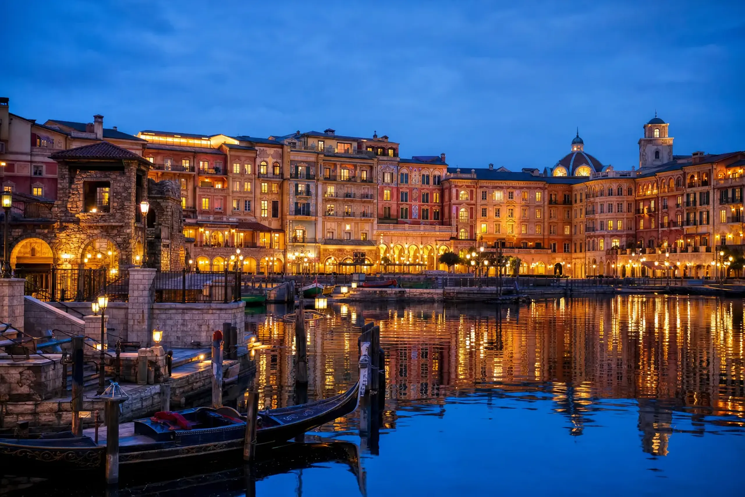 Mediterranean-style resort facade beside the harbor at Tokyo DisneySea during blue hour