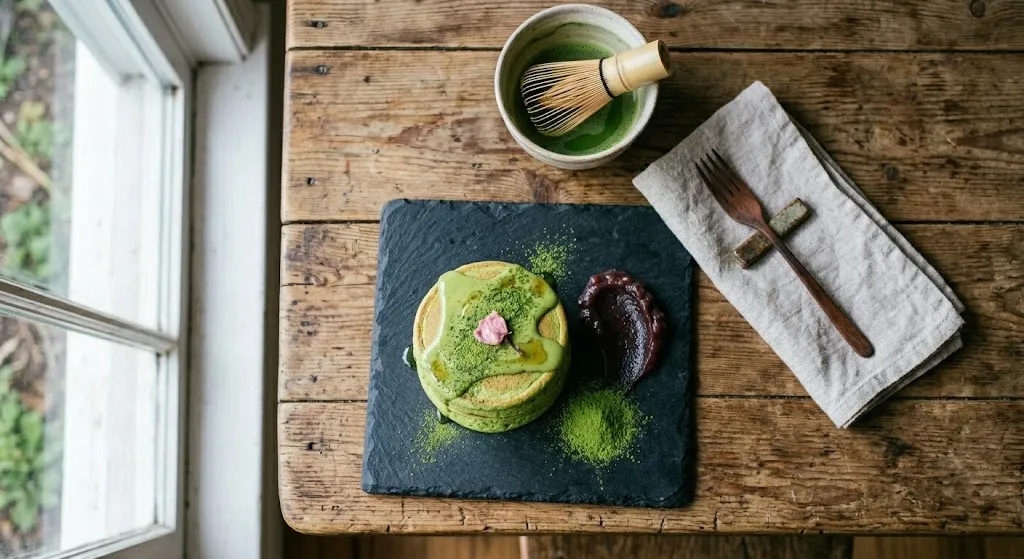 An elevated view of a stack of green tea pancakes on a dark plate, with a large dollop of smooth red bean paste and light dusting of matcha powder, on a clean slate surface.