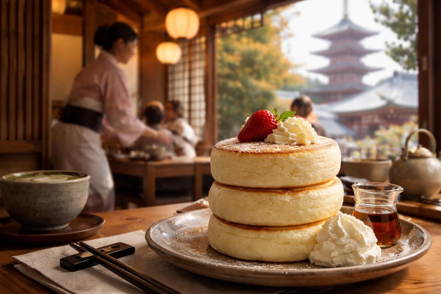 Three-stack fluffy pancakes topped with whipped cream and a strawberry in a cozy Japanese cafe setting.