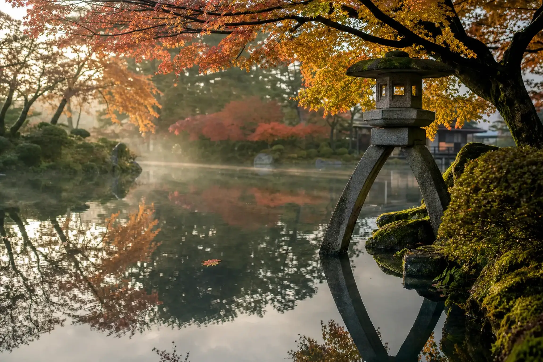 Autumn maples and a stone lantern reflected in a pond at Kenroku-en garden, Kanazawa