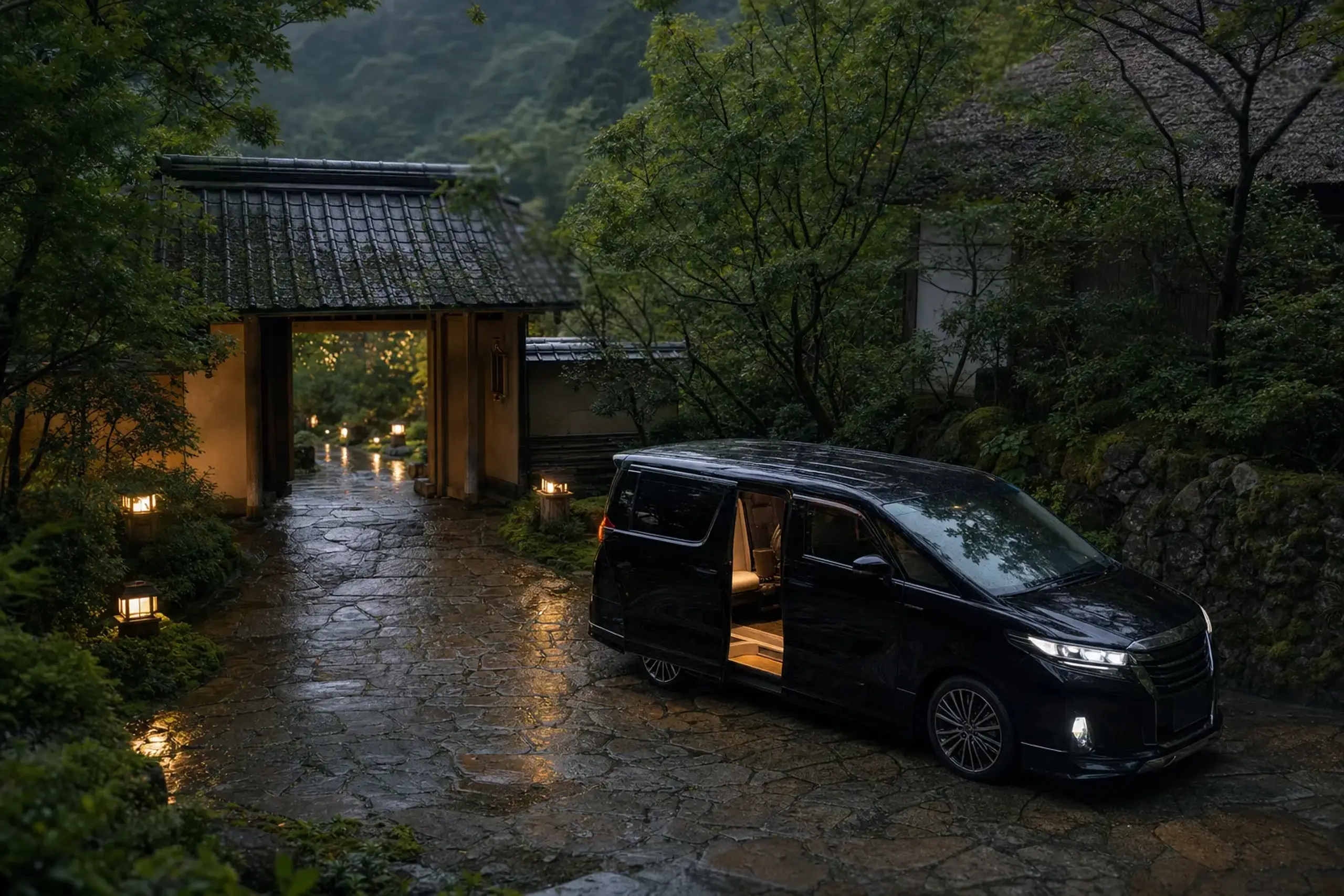 Black executive minivan at a lantern-lit ryokan entrance with a stone path and timber gate