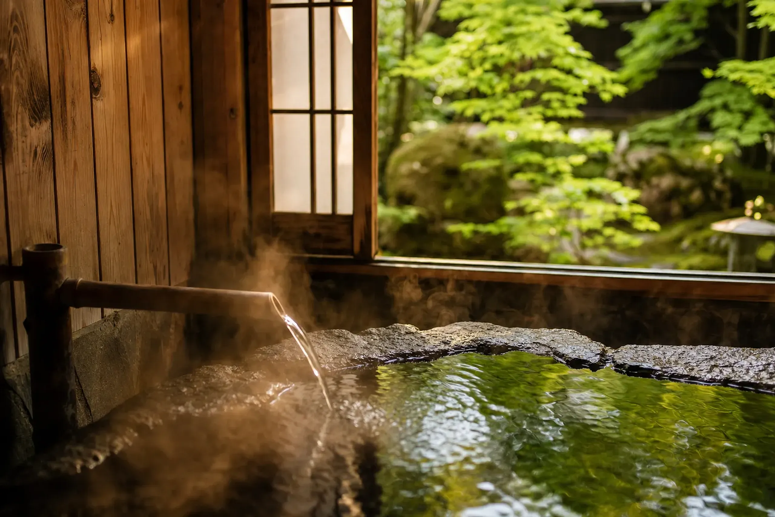 A private open-air onsen bath fed by hot spring water at Beniya Mukayu ryokan, set against raw timber walls and a garden framed by a paper-screened window in Yamashiro Onsen, Kaga